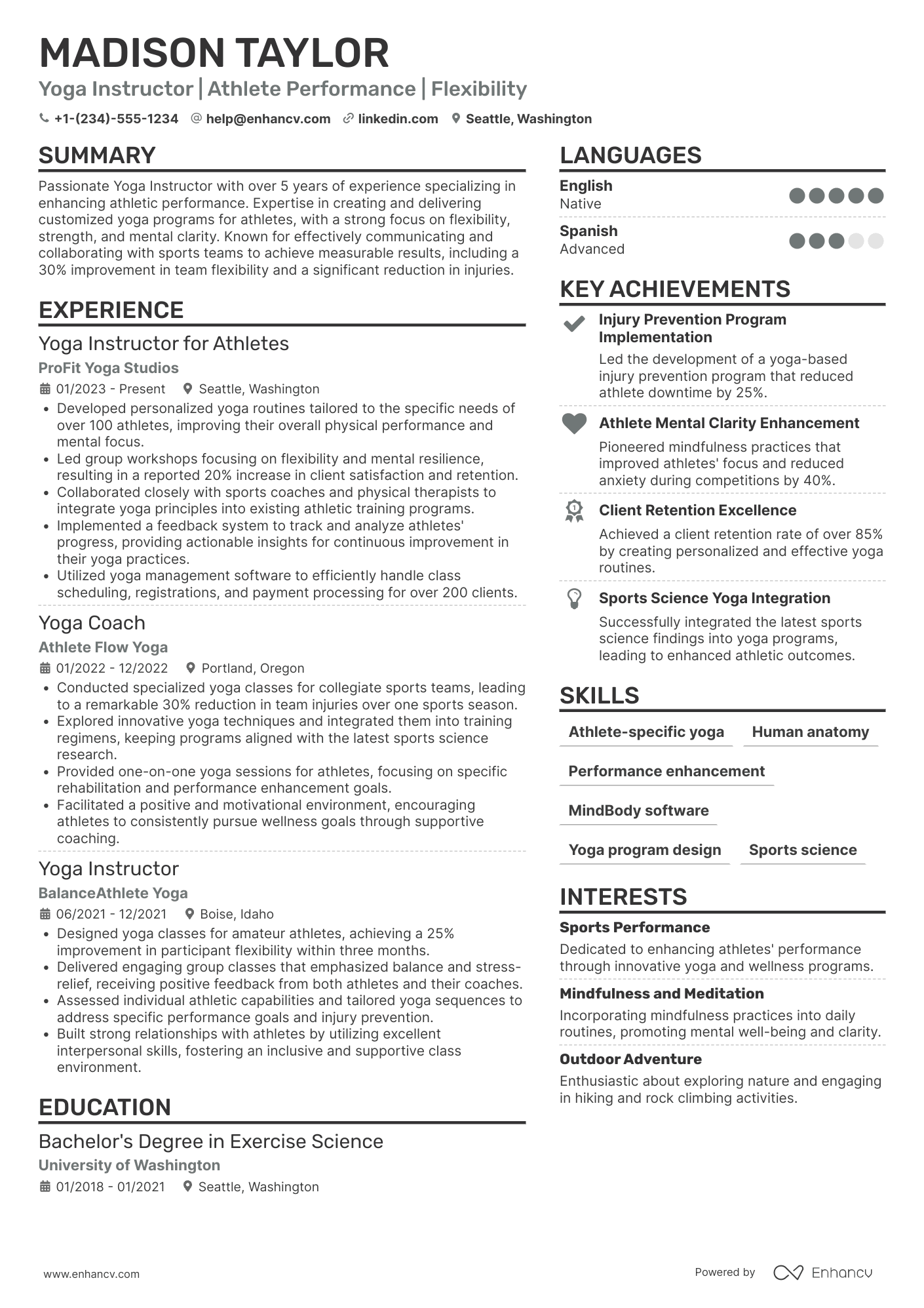 A resume example of a Yoga Instructor for Athletes