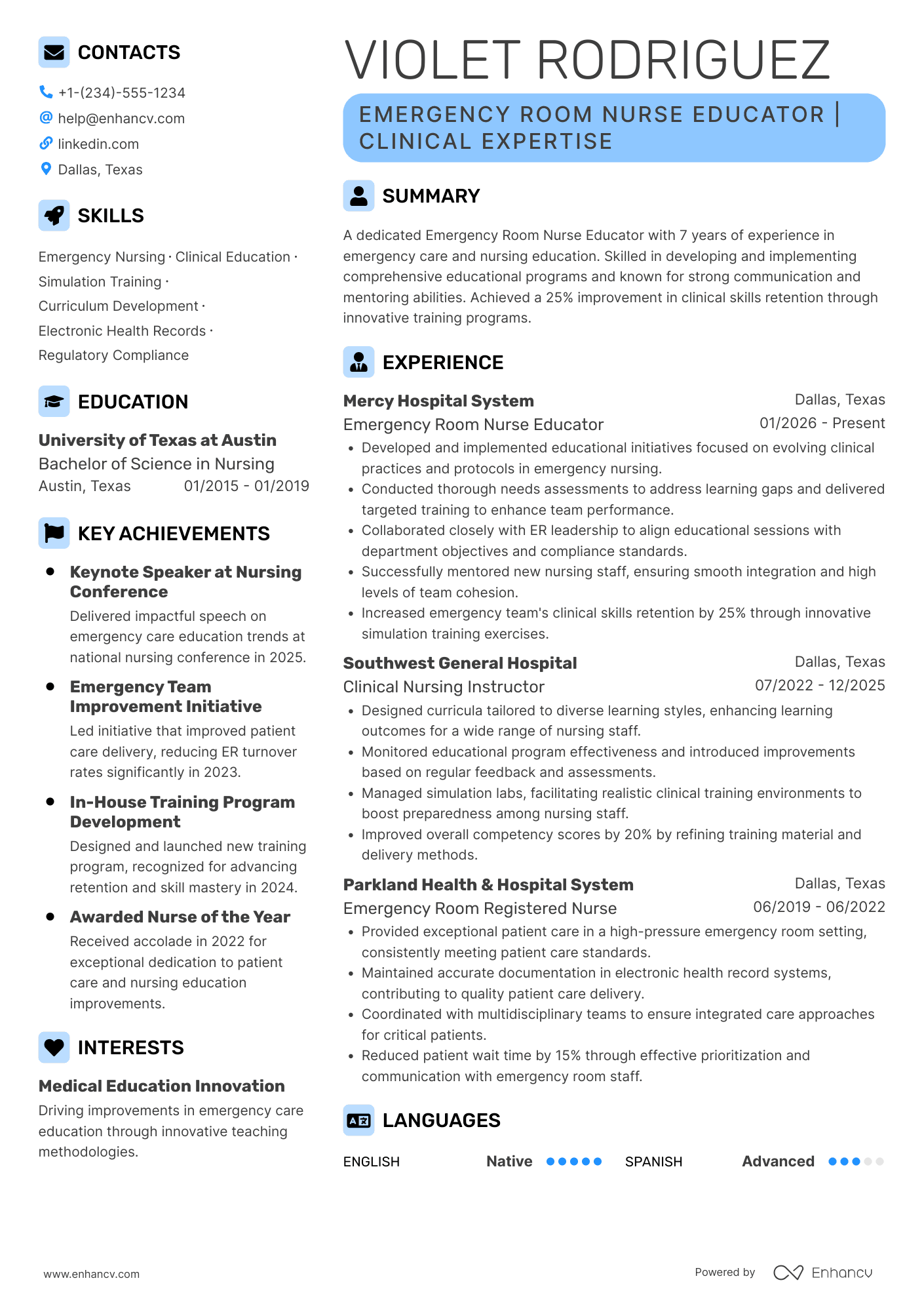 A resume example of a Emergency Room Nurse Educator