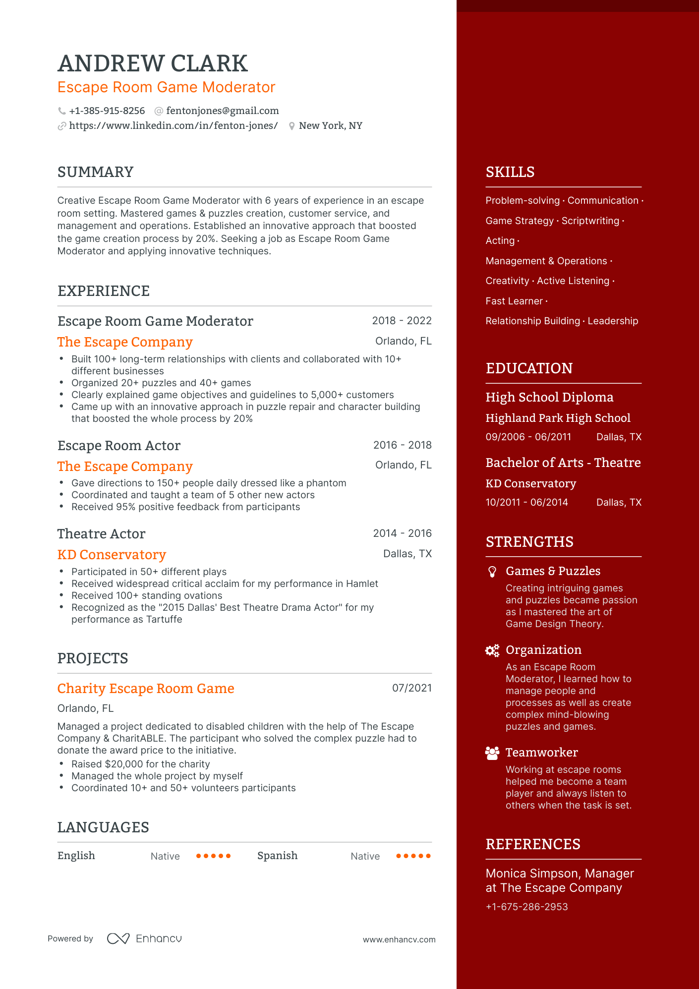 One Page Escape Room Manager Resume Template