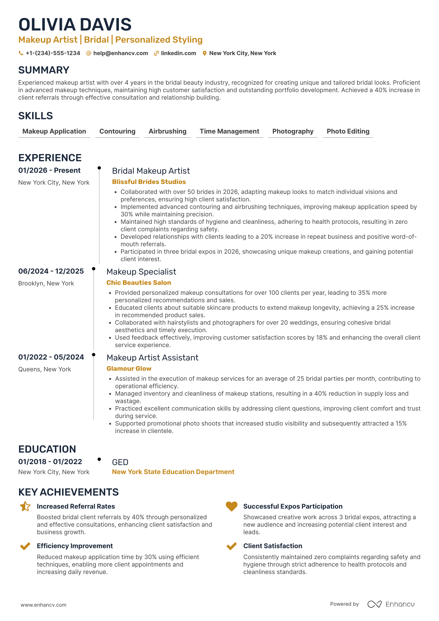 A resume example of a Bridal Makeup Artist