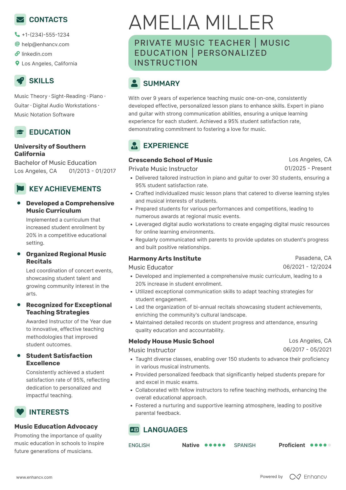 A resume example of a Private Music Teacher