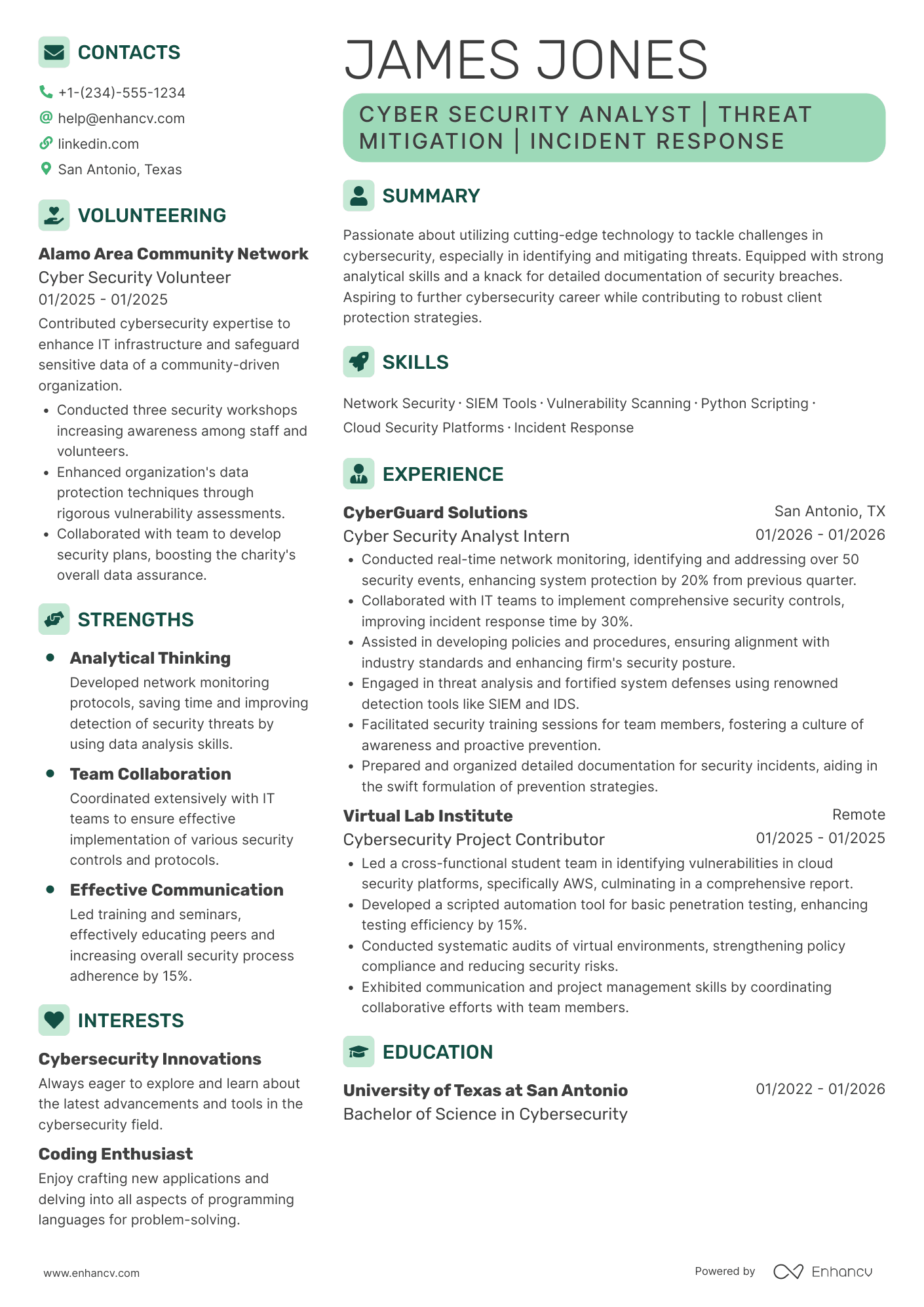 A resume example of a Entry Level Cyber Security Analyst