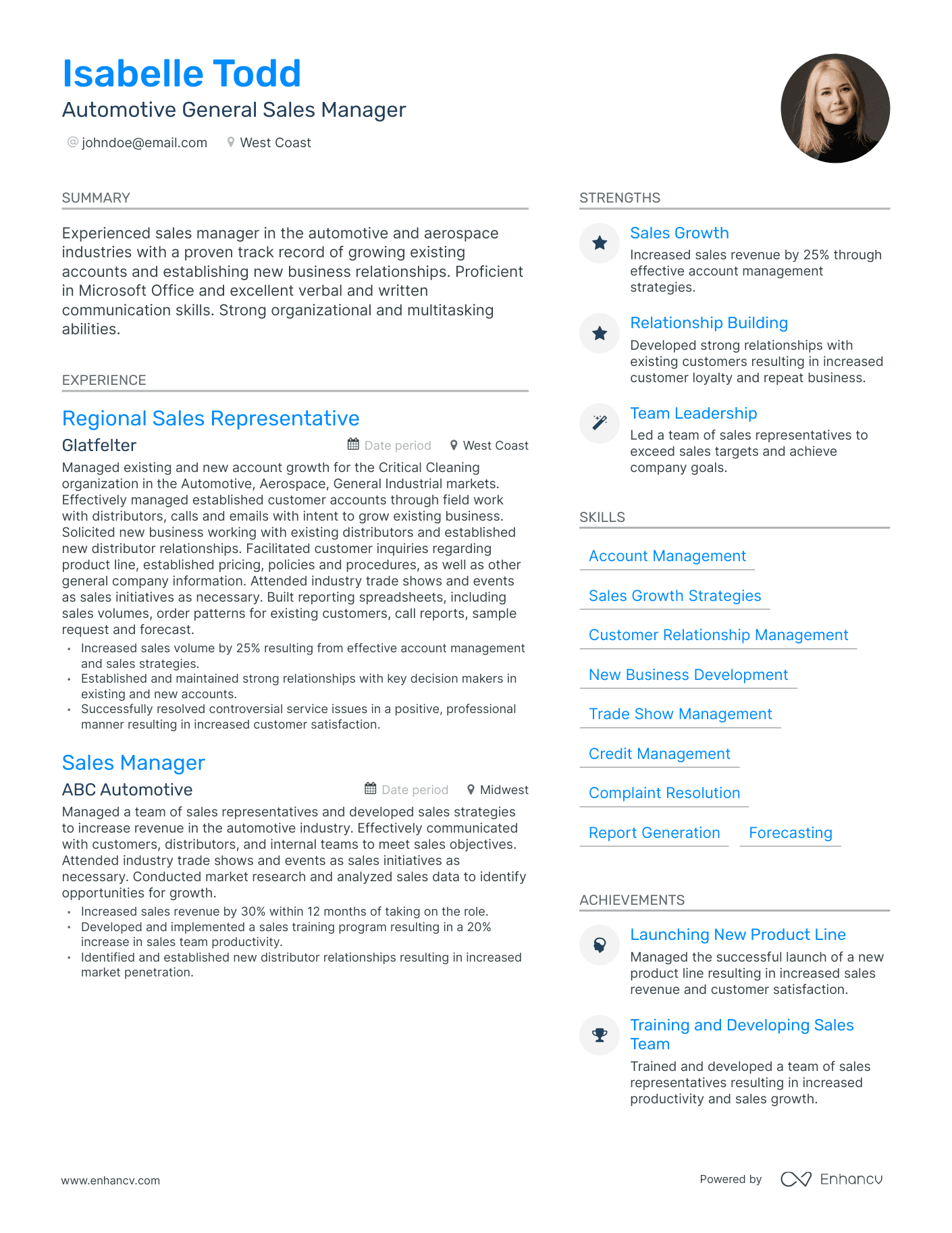 Modern Automotive General Sales Manager Resume Template