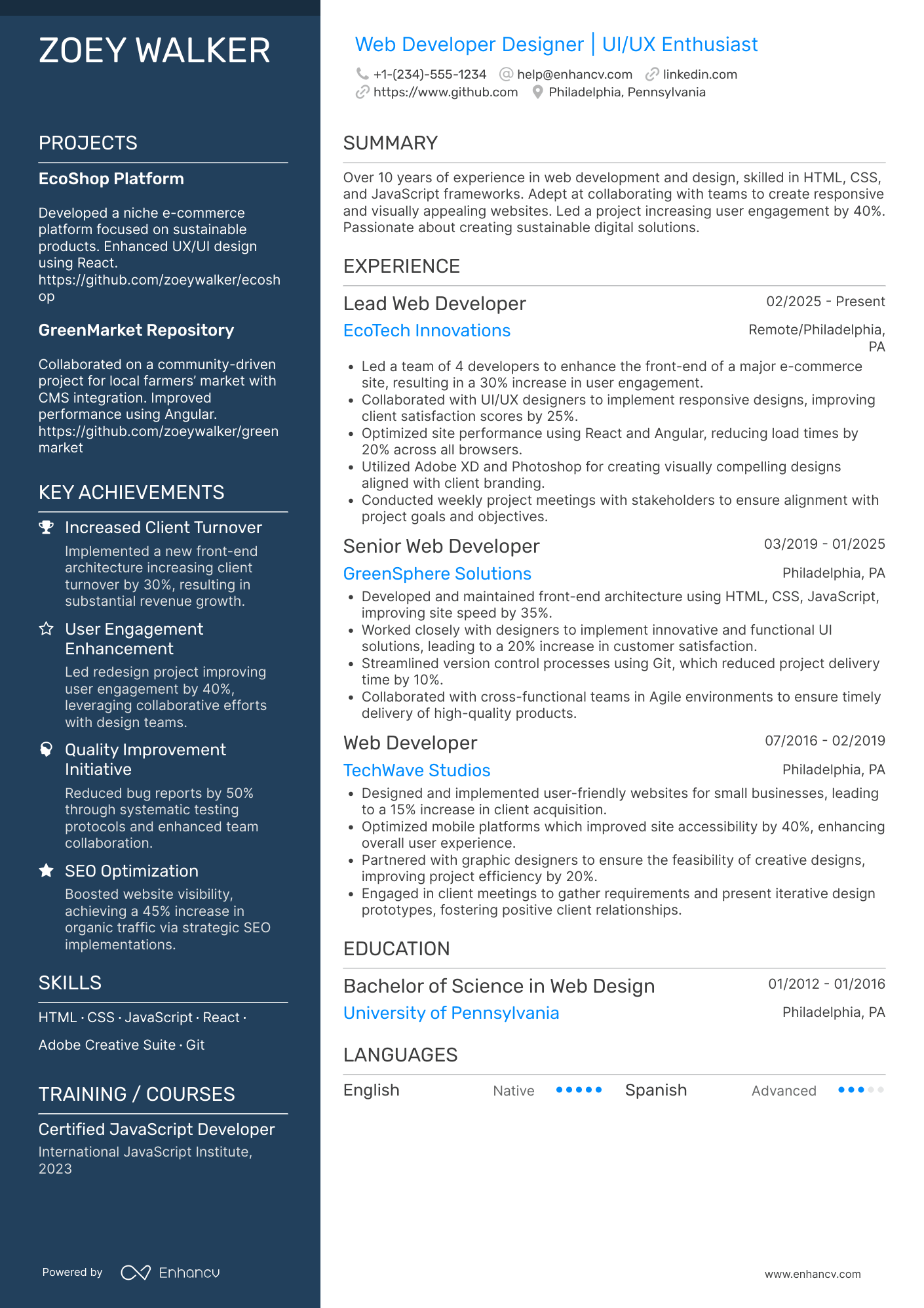 A resume example of a Web Developer Designer