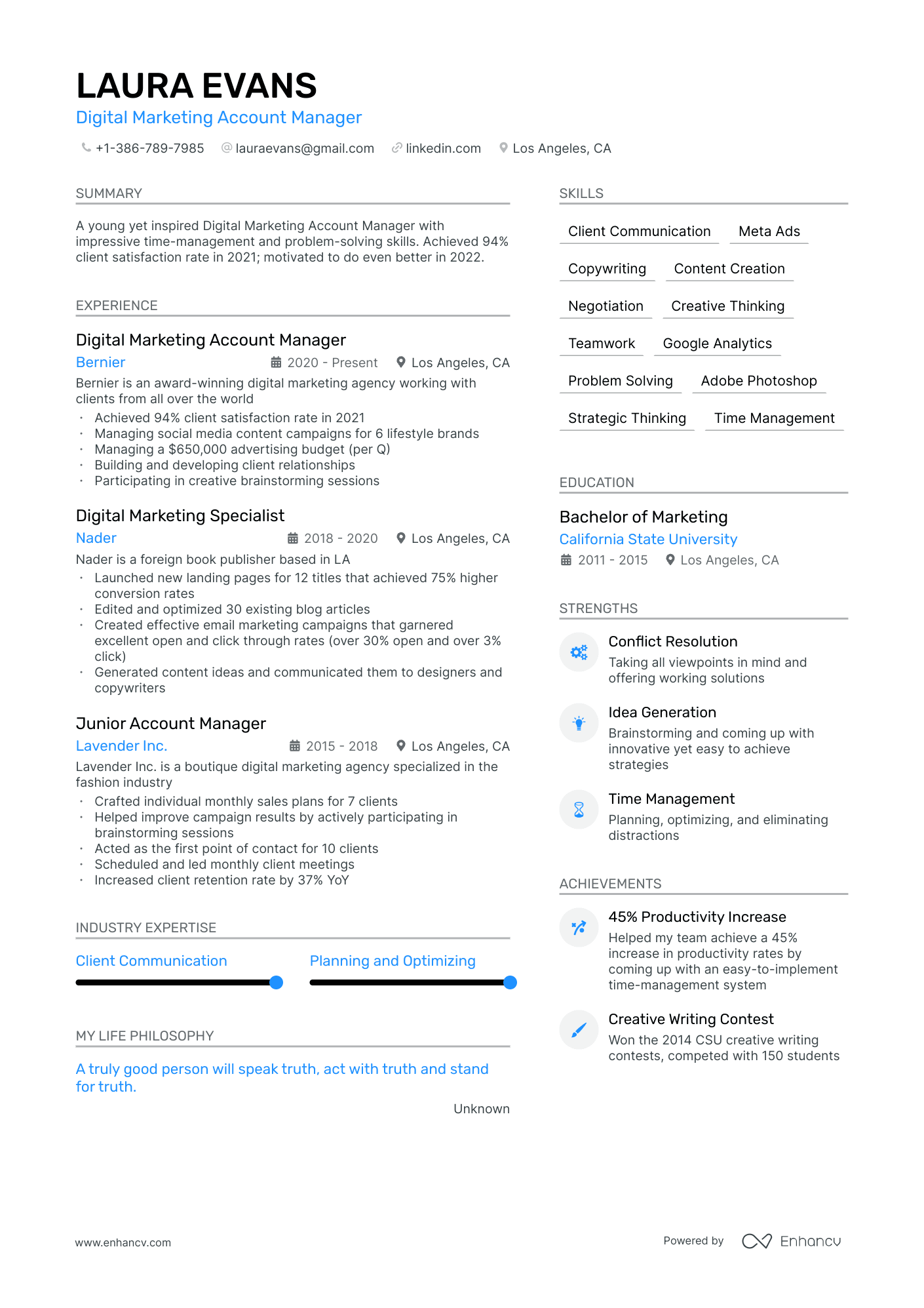 A resume example of a Digital Marketing Account Manager