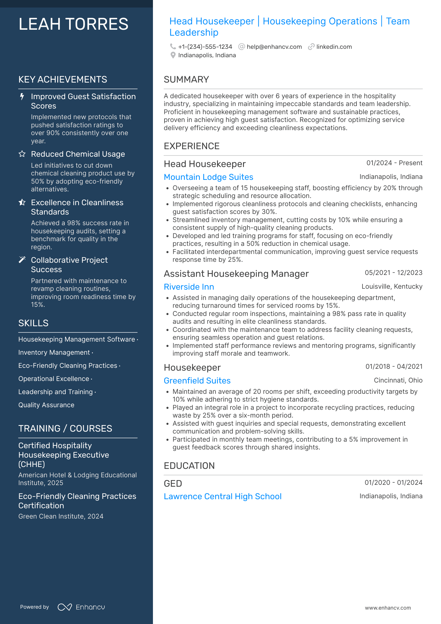 A resume example of a Head Housekeeper