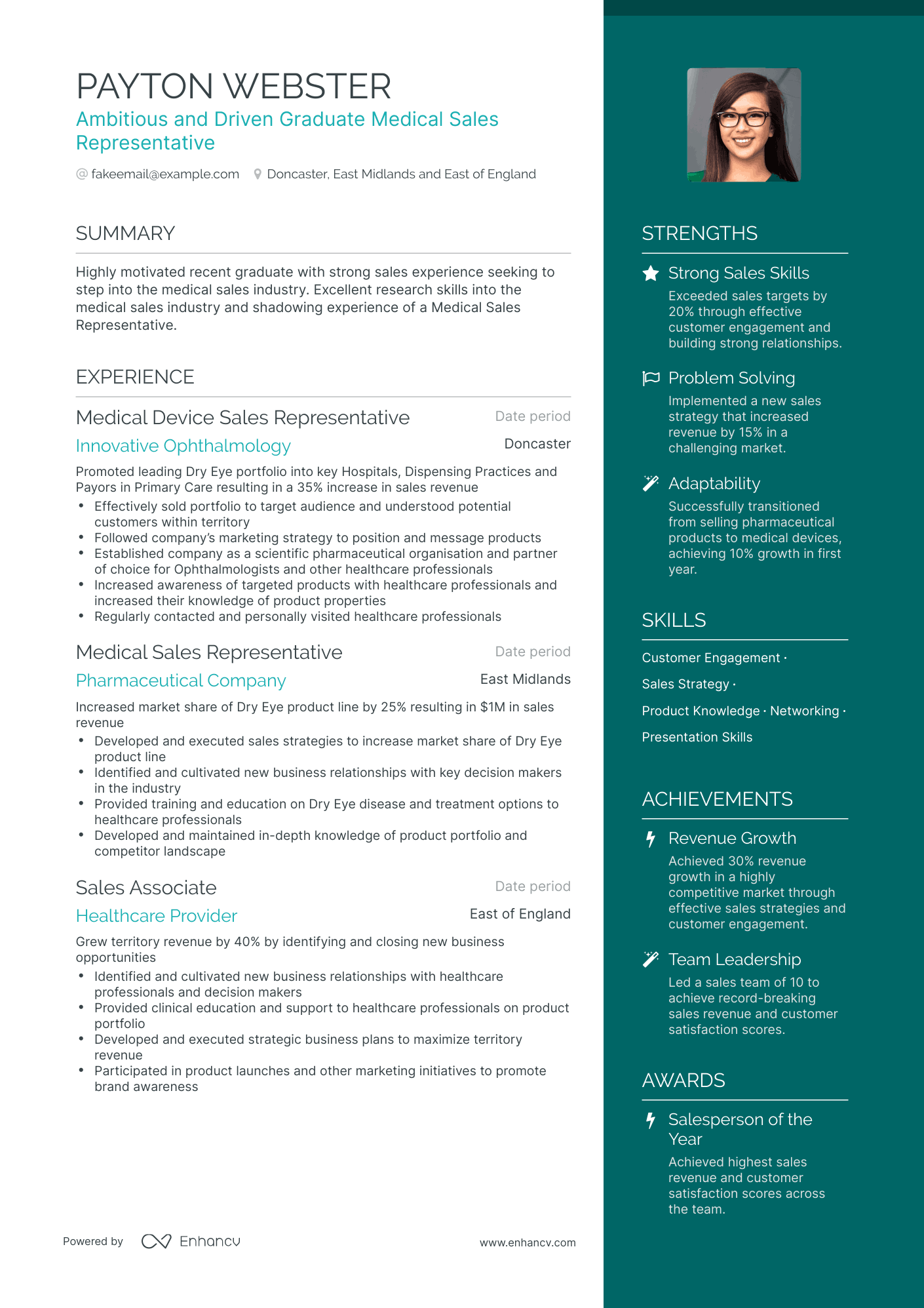 One Page Medical Device Sales Representative Resume Template
