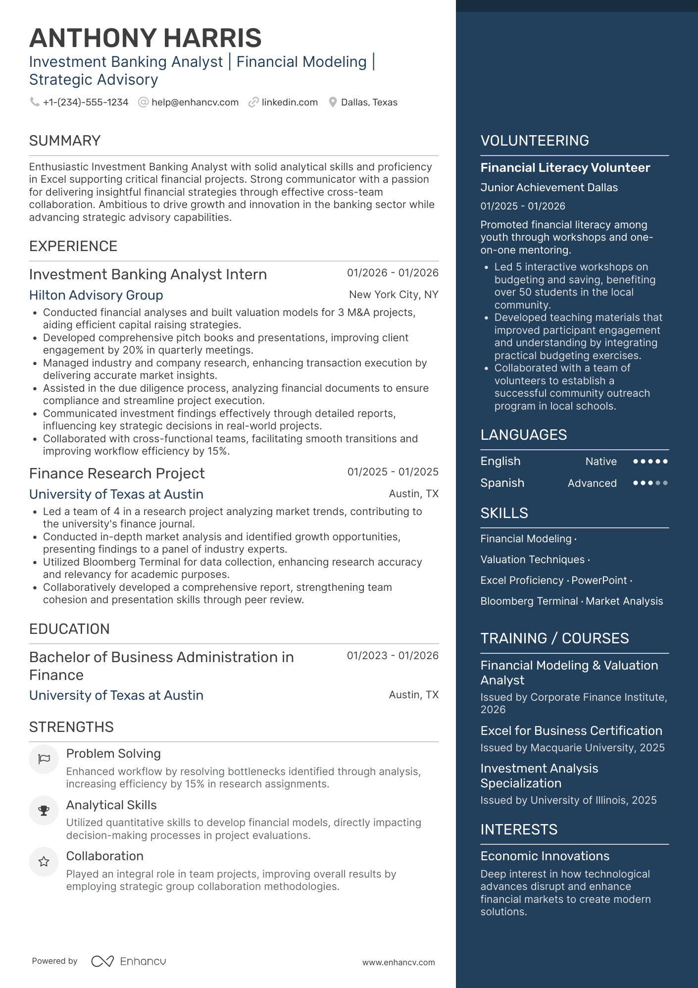 A resume example of a Entry Level Investment Banking