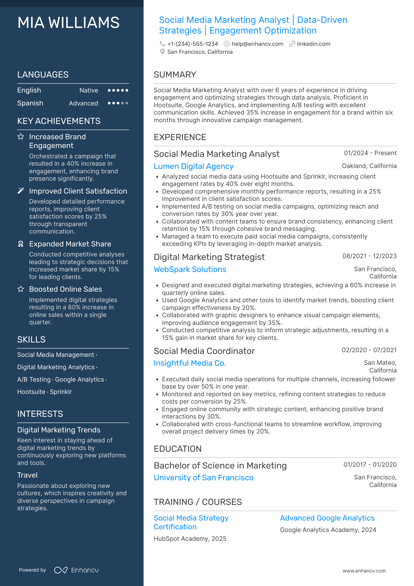A resume example of a Social Media Marketing Analyst