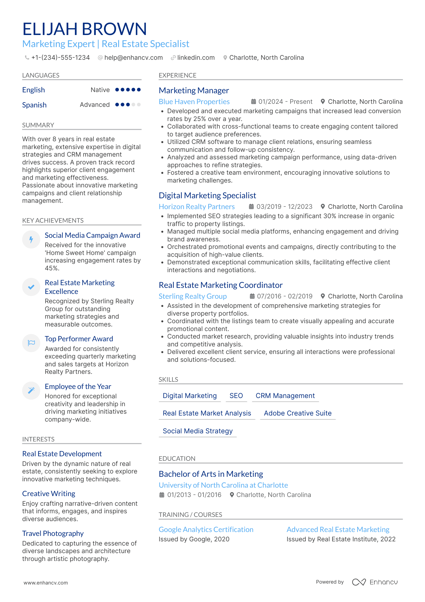 A resume example of a Real Estate Marketing Agent