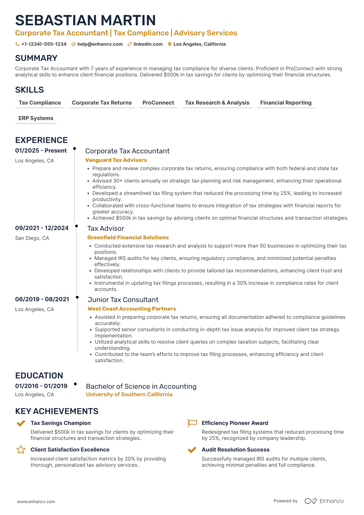 A resume example of a Corporate Tax Accountant