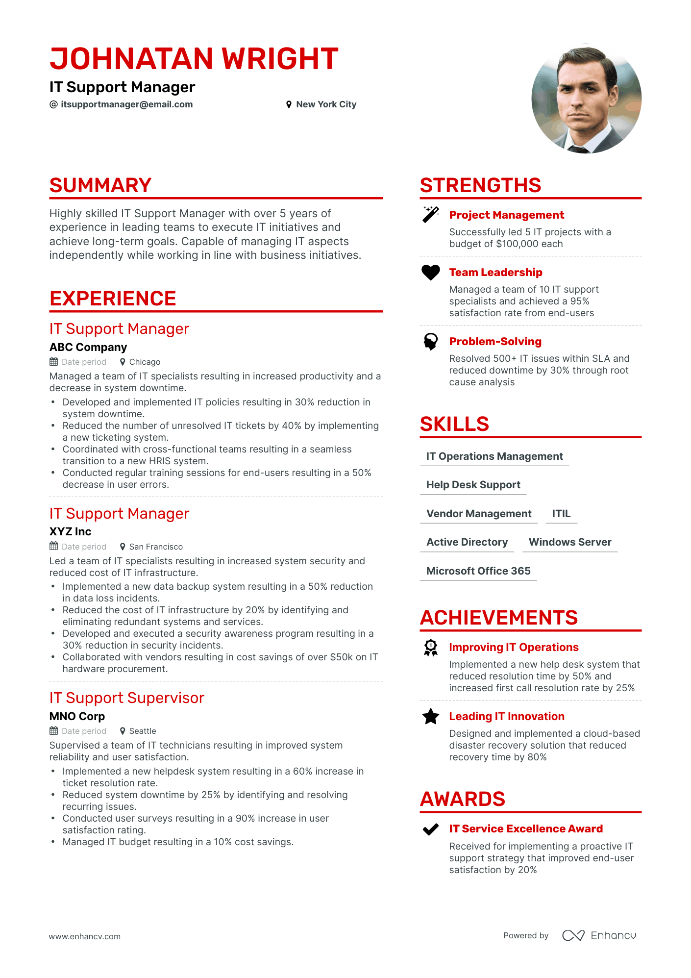 Simple IT Support Manager Resume Template