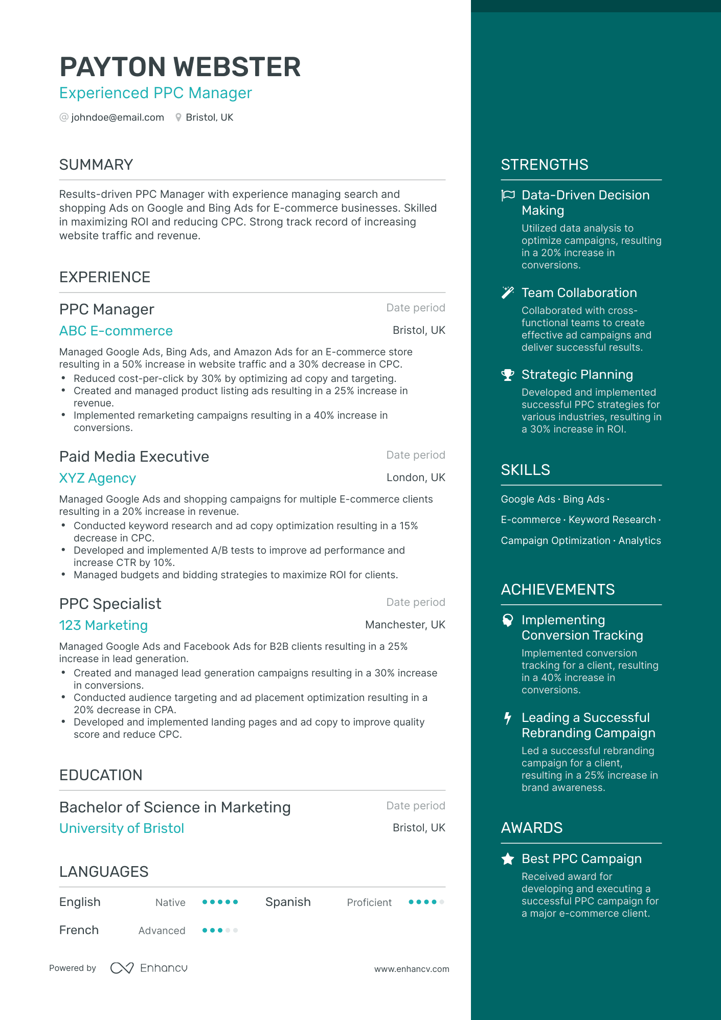 One Page PPC Manager Resume Template