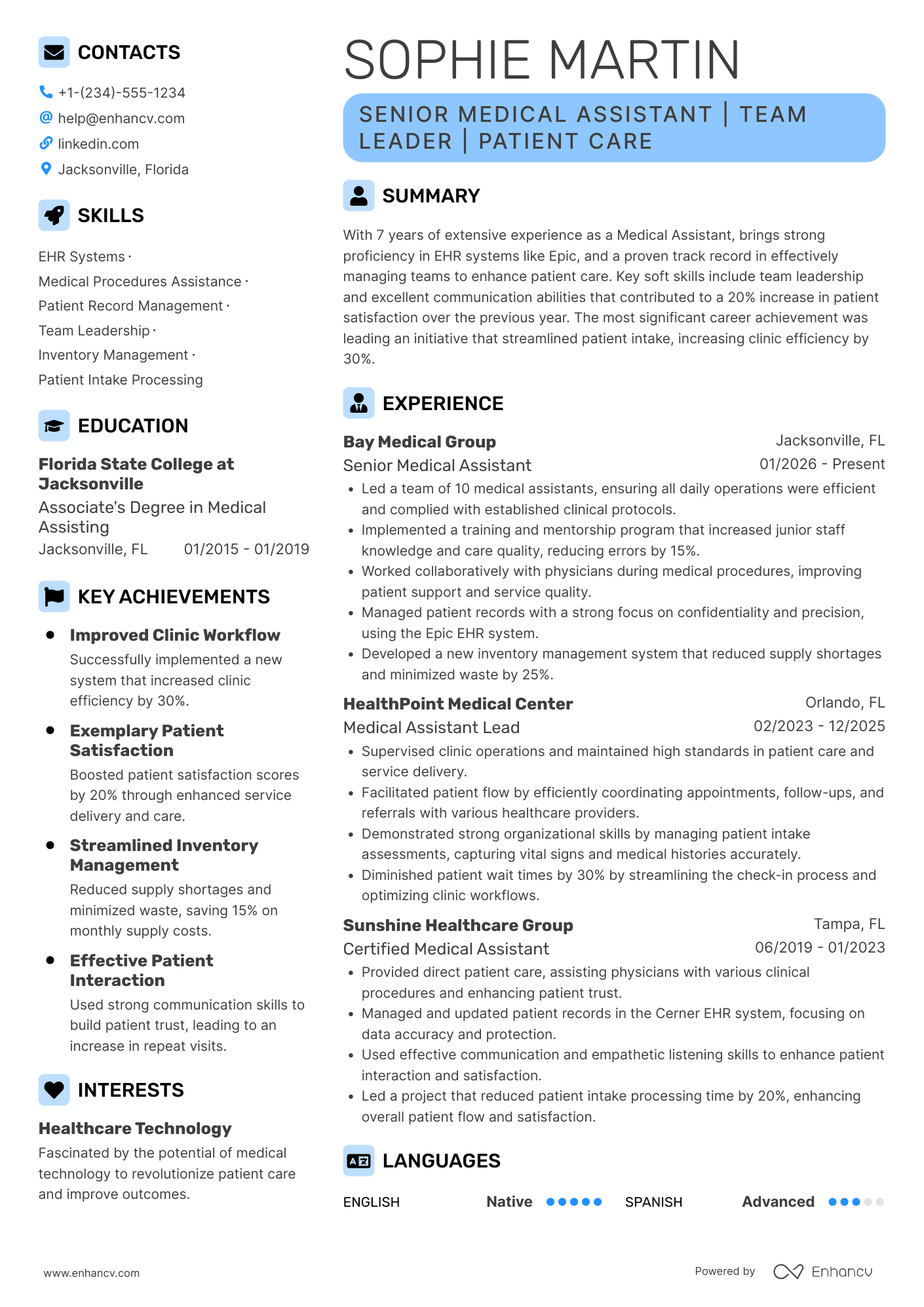A resume example of a Senior Medical Assistant