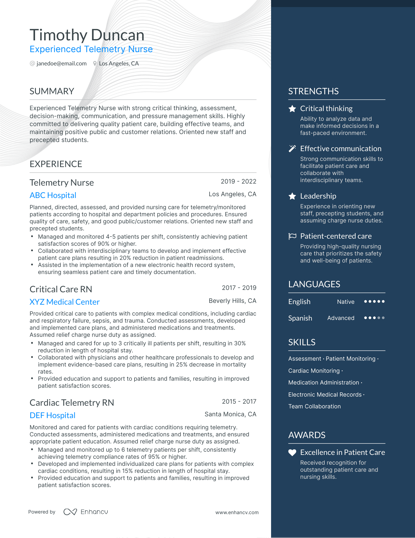 One Page Telemetry Nurse Resume Template