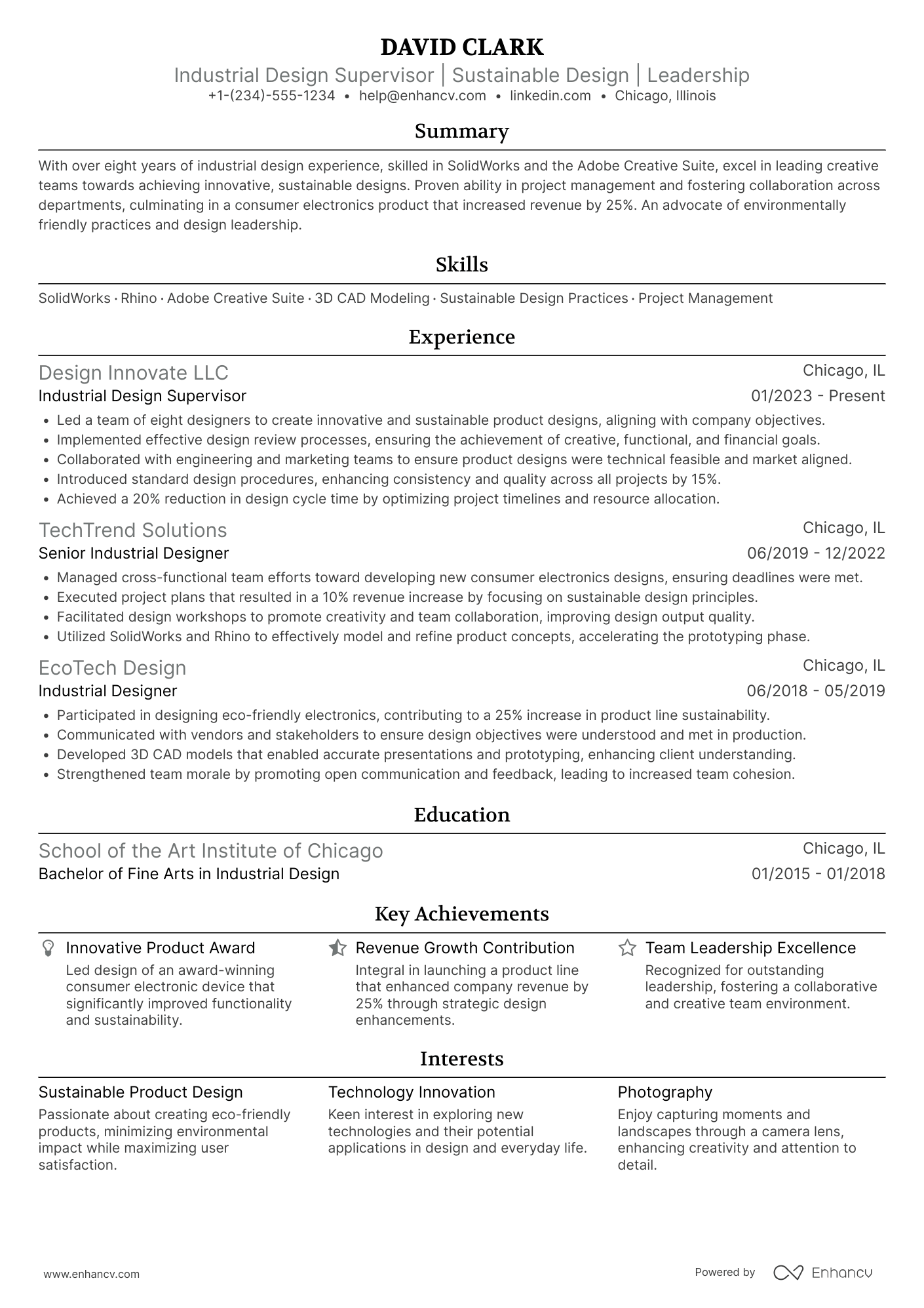 A resume example of a Industrial Design Supervisor