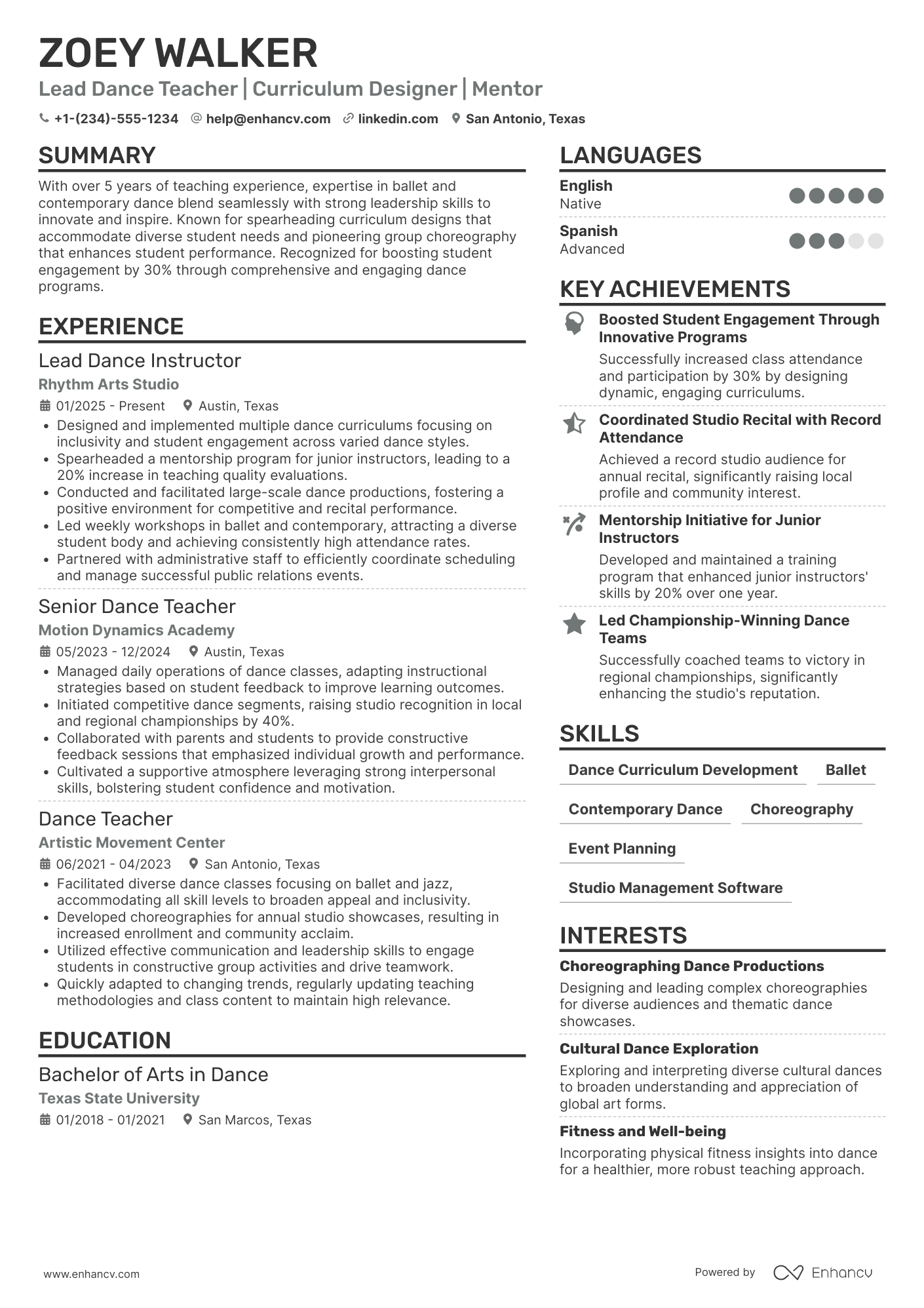 A resume example of a Lead Dance Teacher