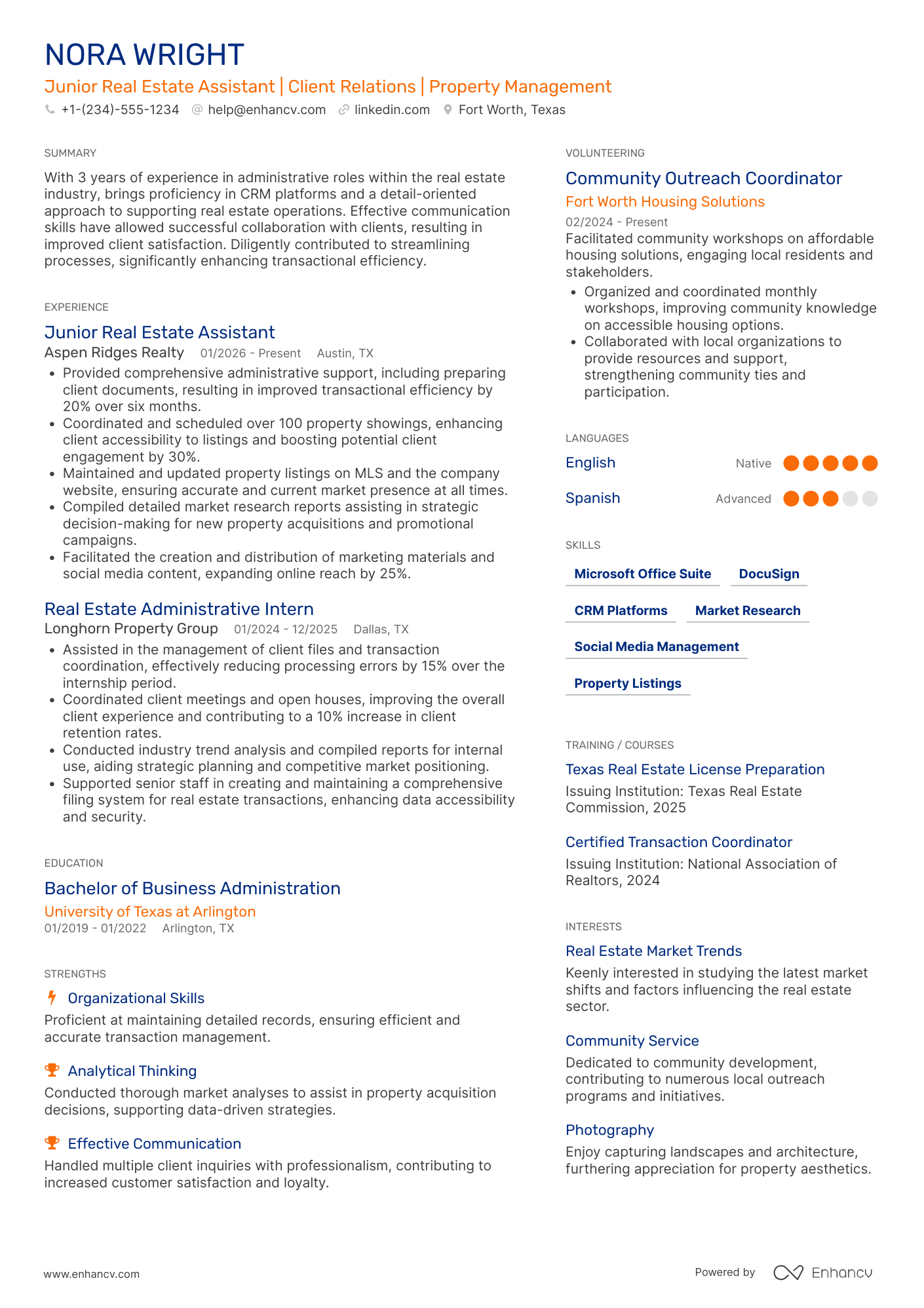 A resume example of a Junior Real Estate Assistant