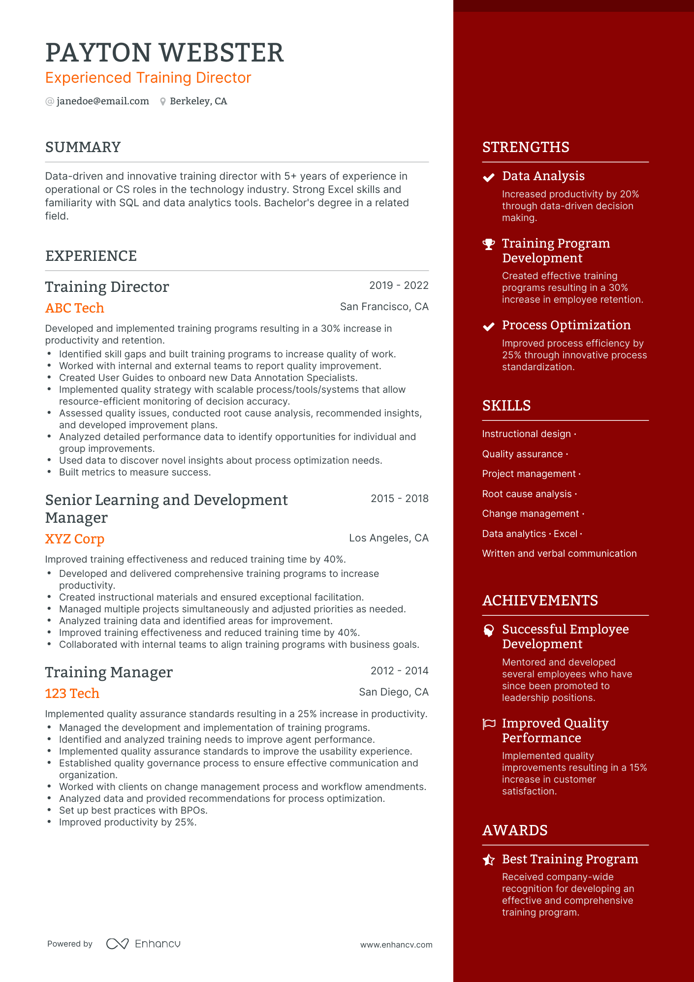 One Page Training Director Resume Template