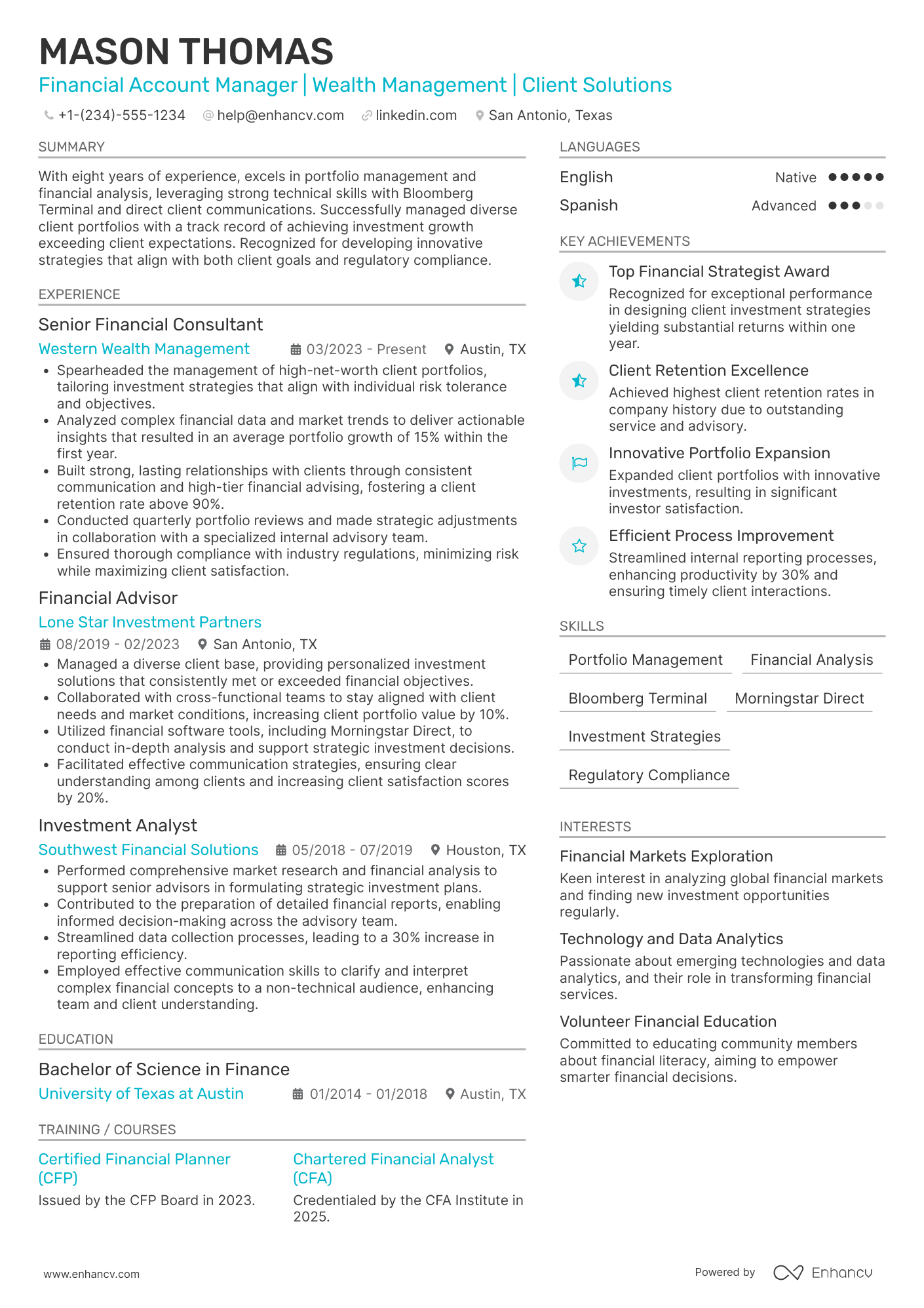 A resume example of a Financial Account Manager