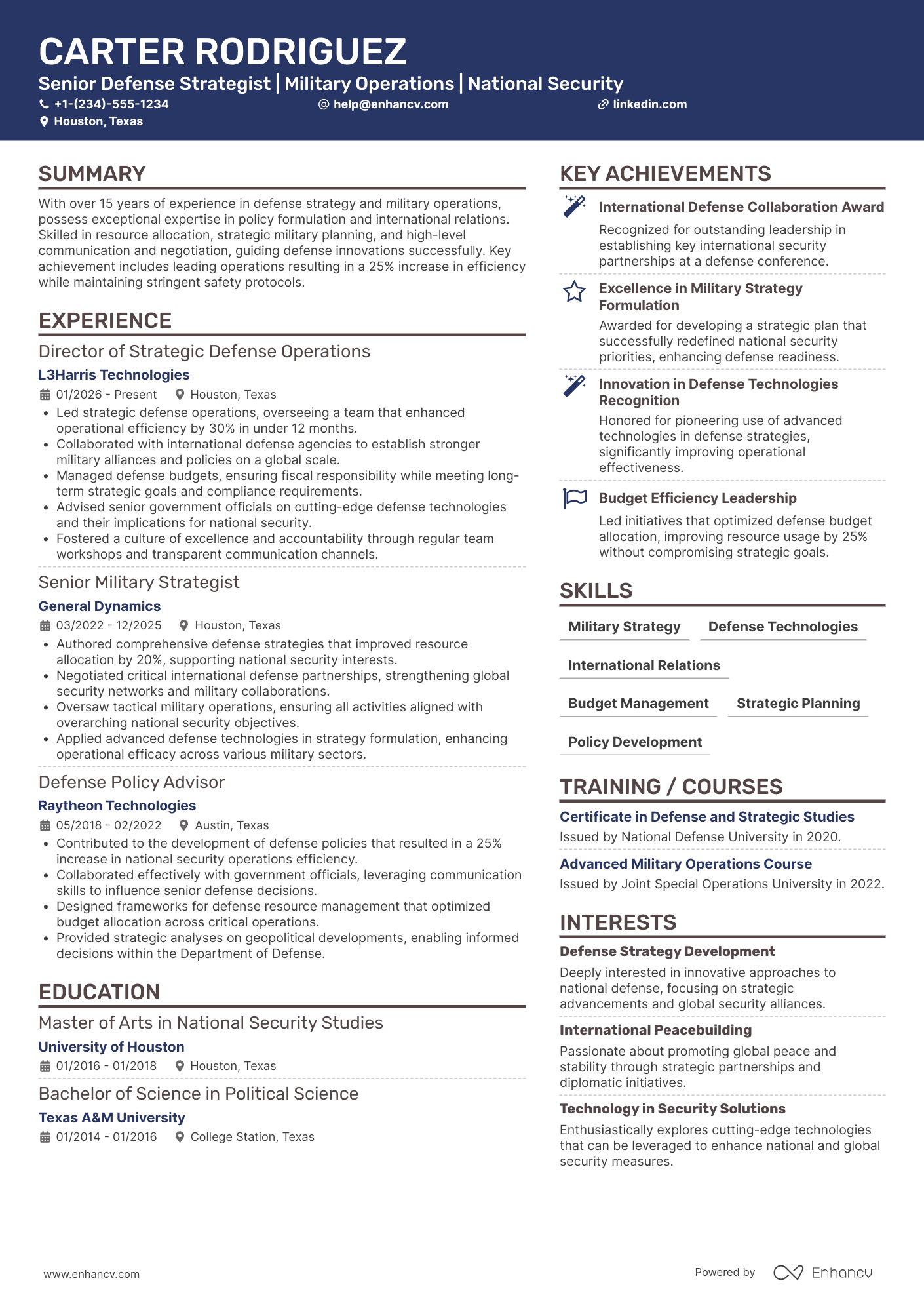 A resume example of a Secretary of Defense