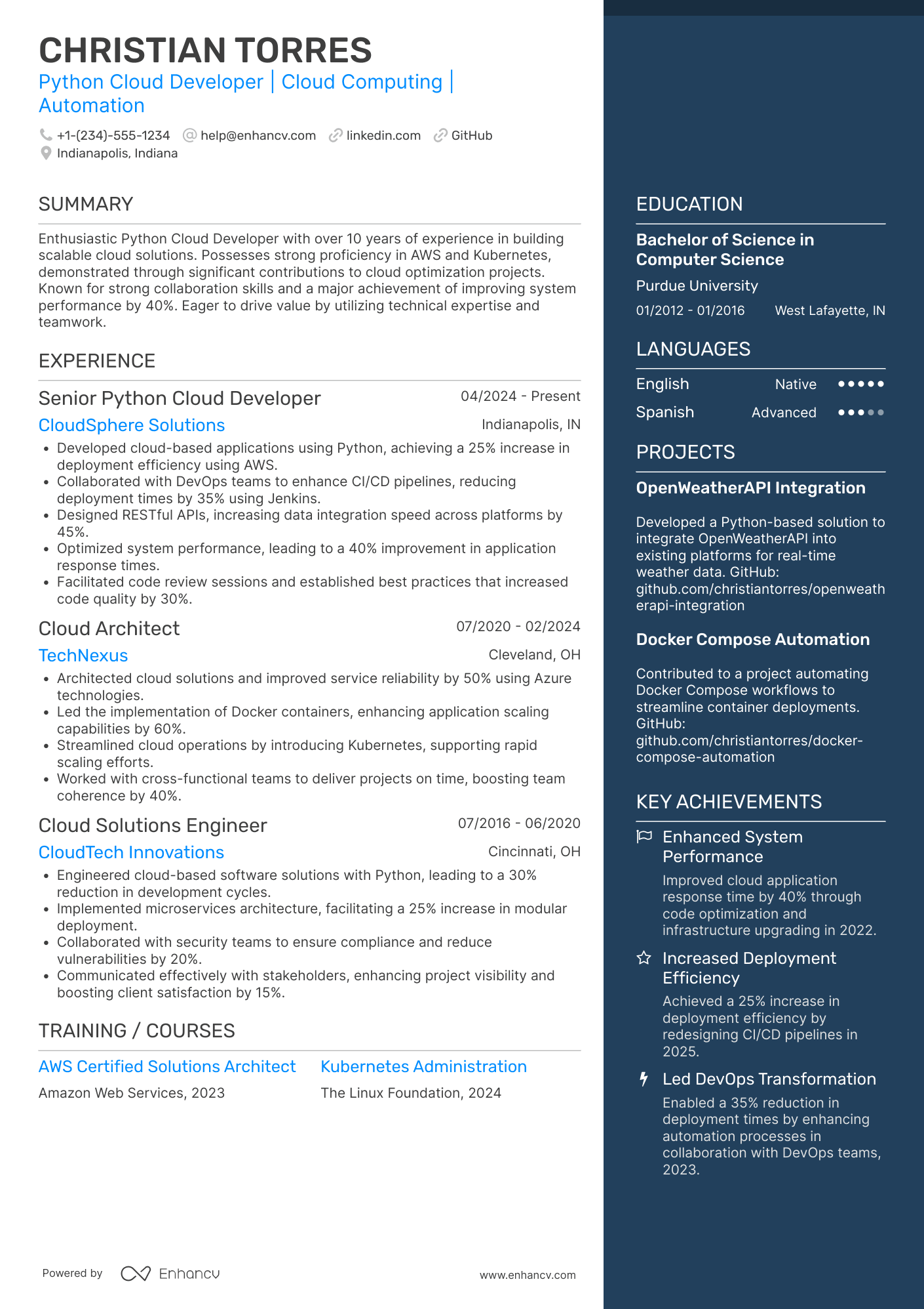 A resume example of a Python Cloud Developer