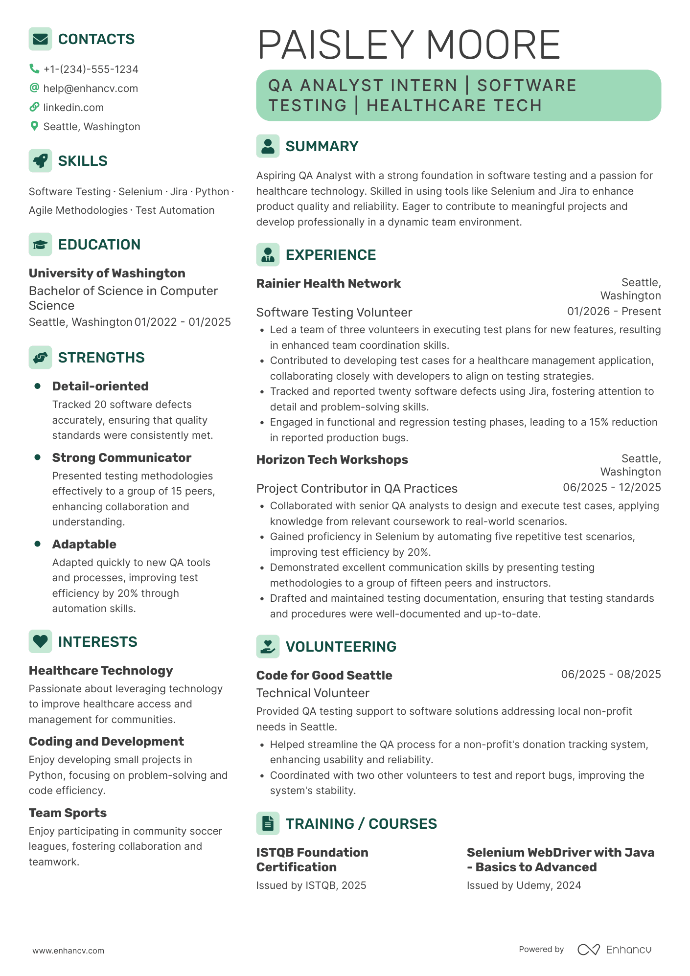 A resume example of a QA Analyst Intern