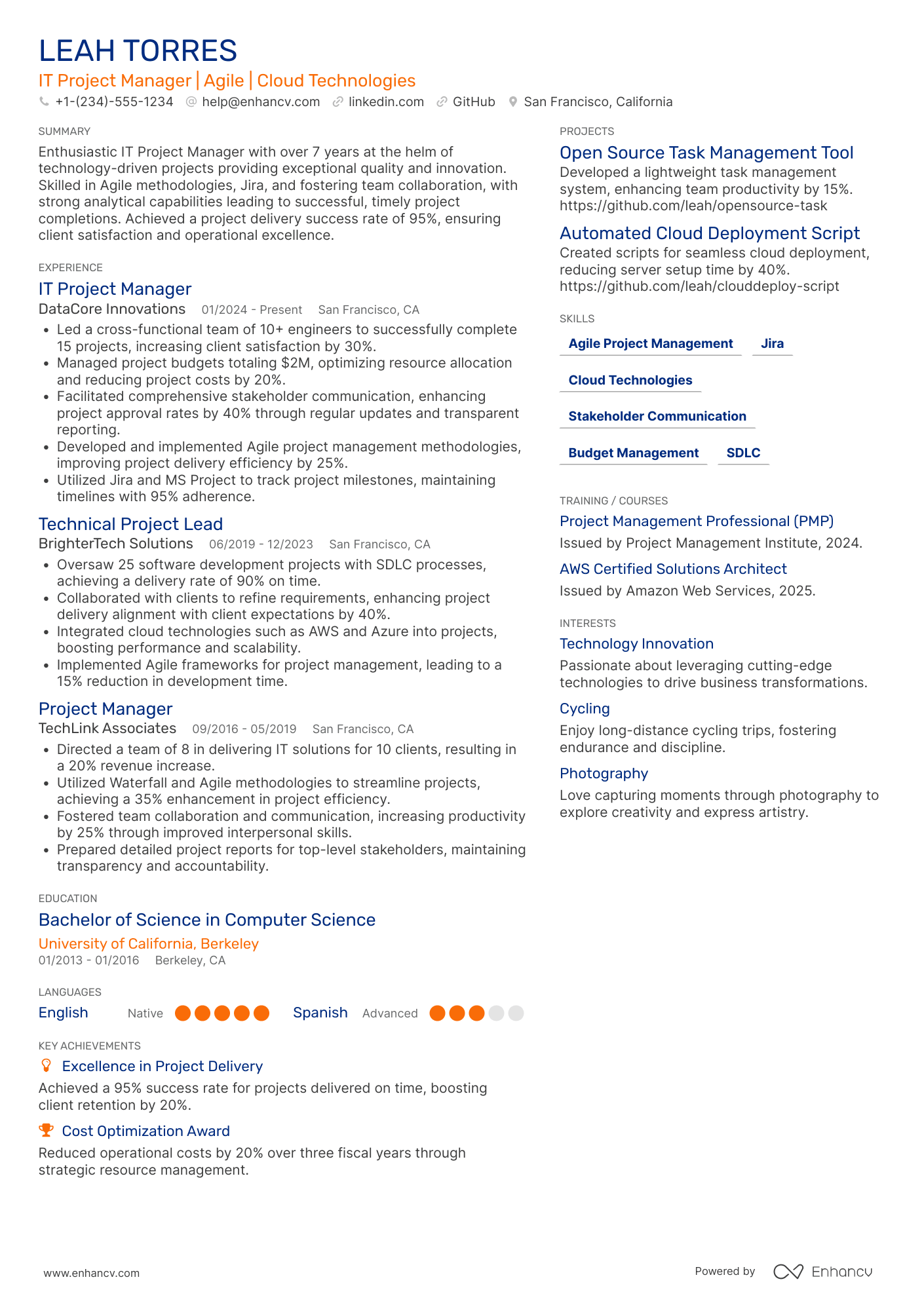 A resume example of a IT Project Manager
