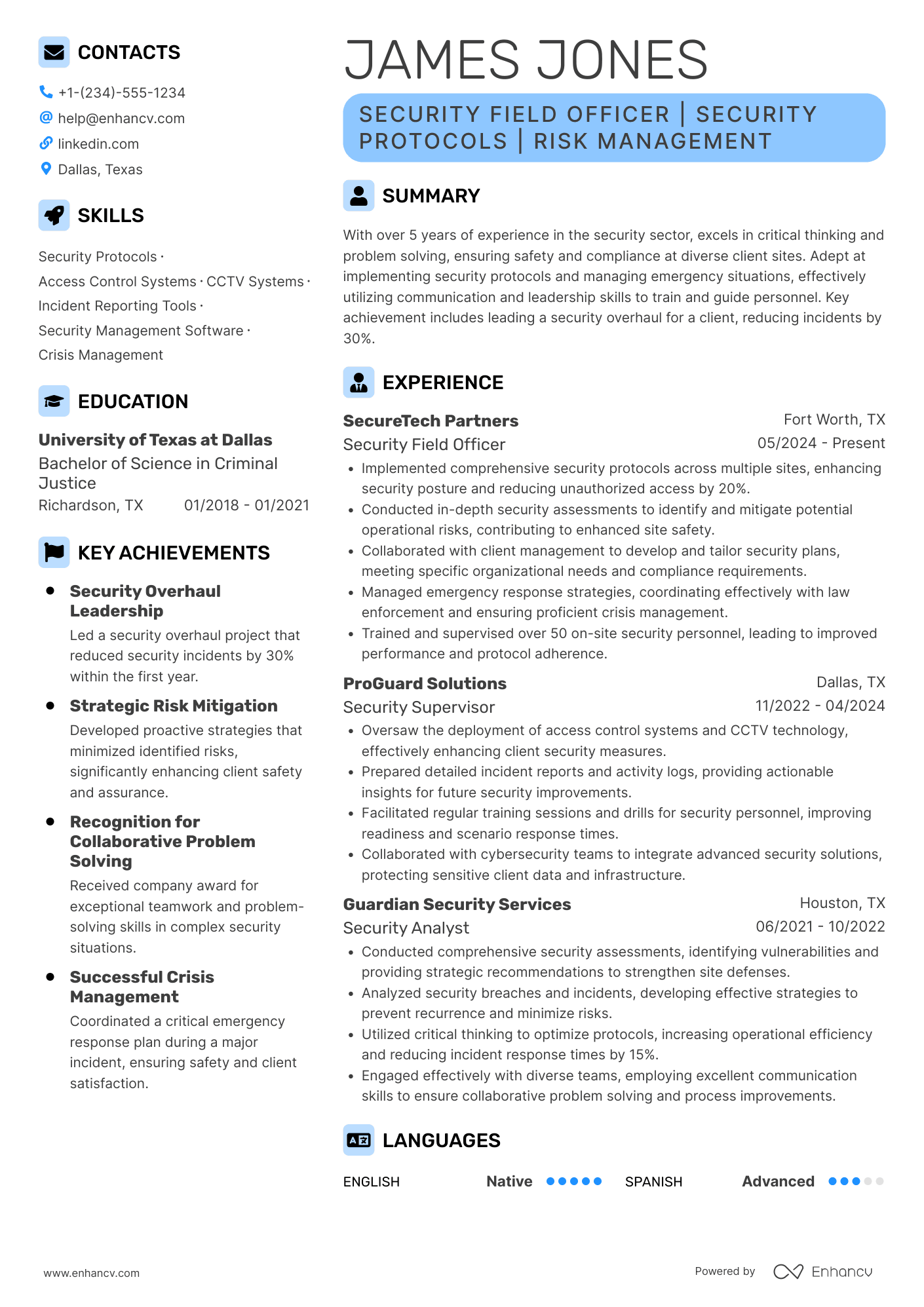 A resume example of a Security Field Officer