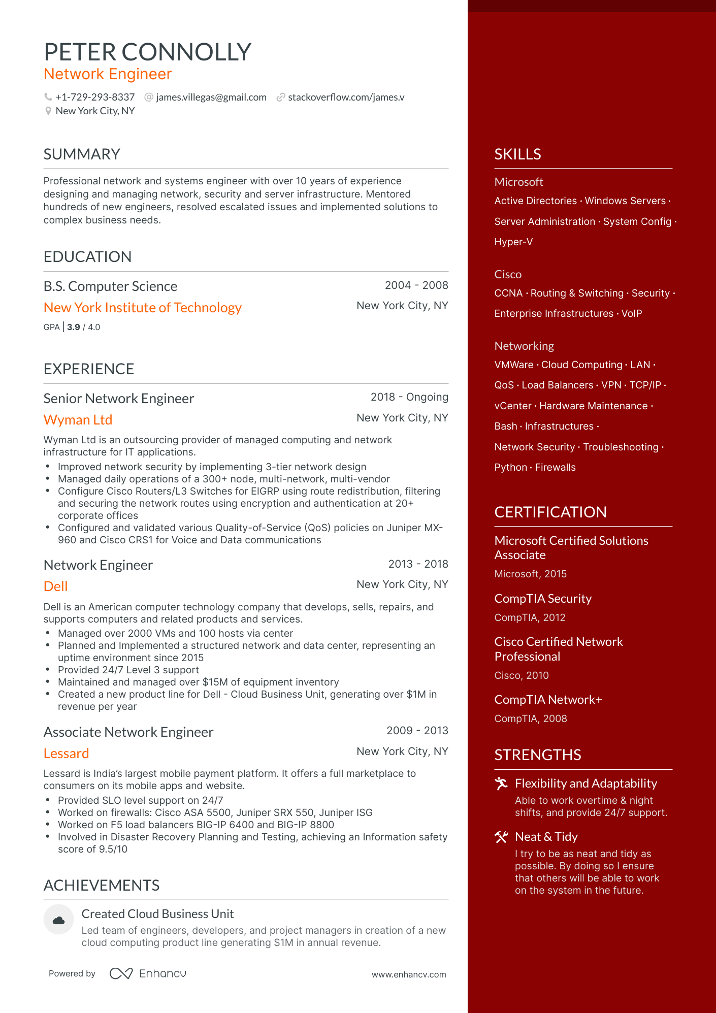One Page Network Engineer Resume Template