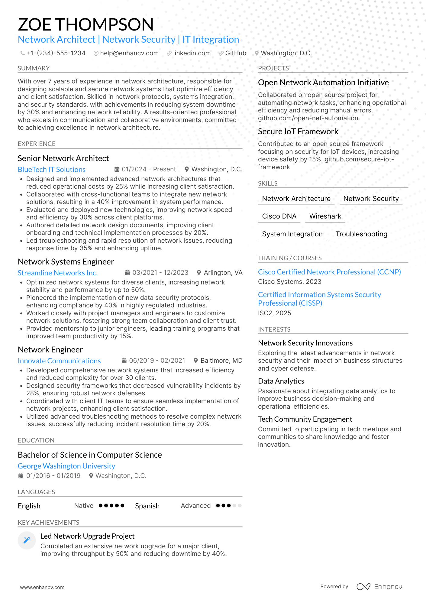 A resume example of a Computer Science Network Architect