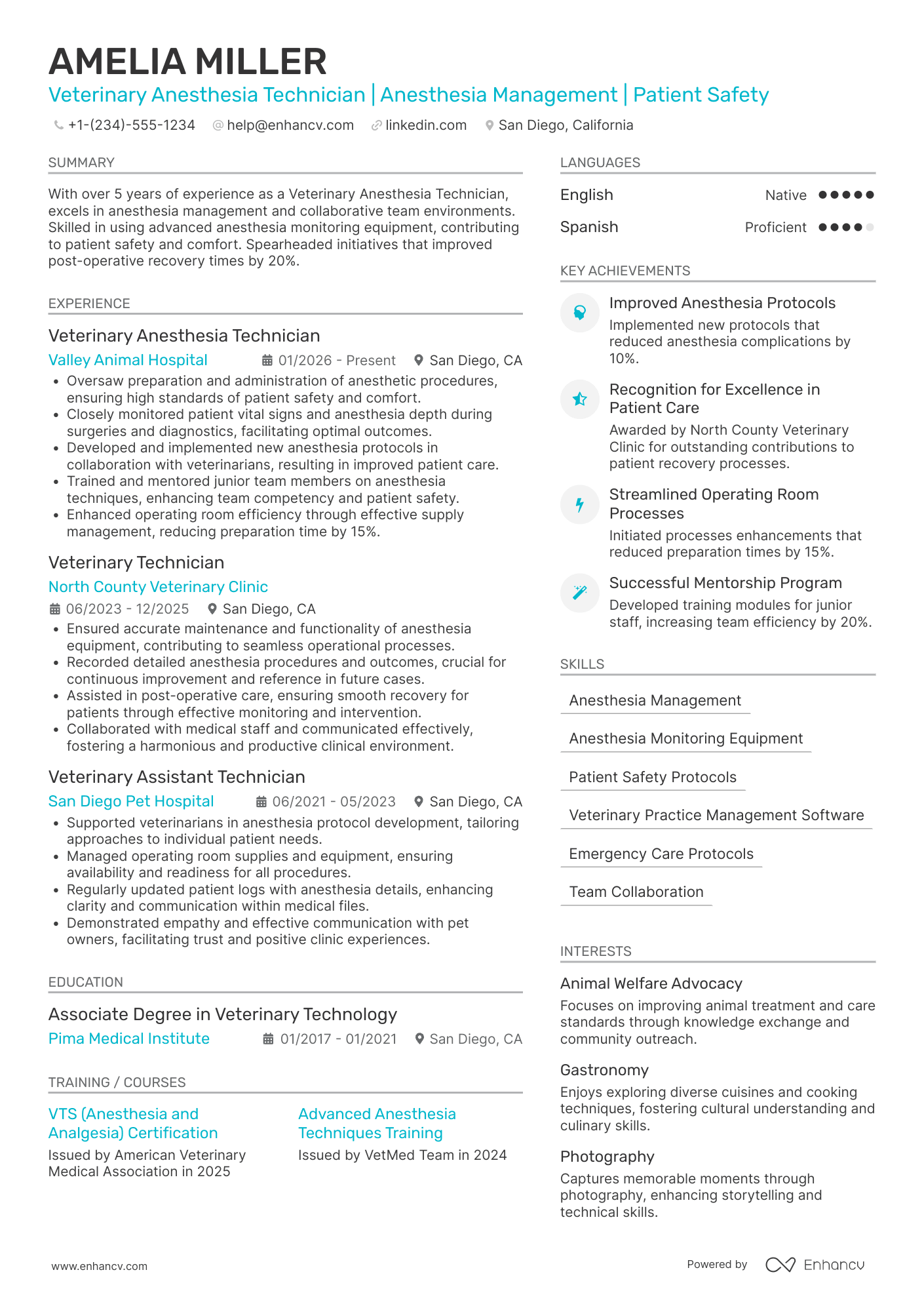 A resume example of a Veterinary Anesthesia Technician