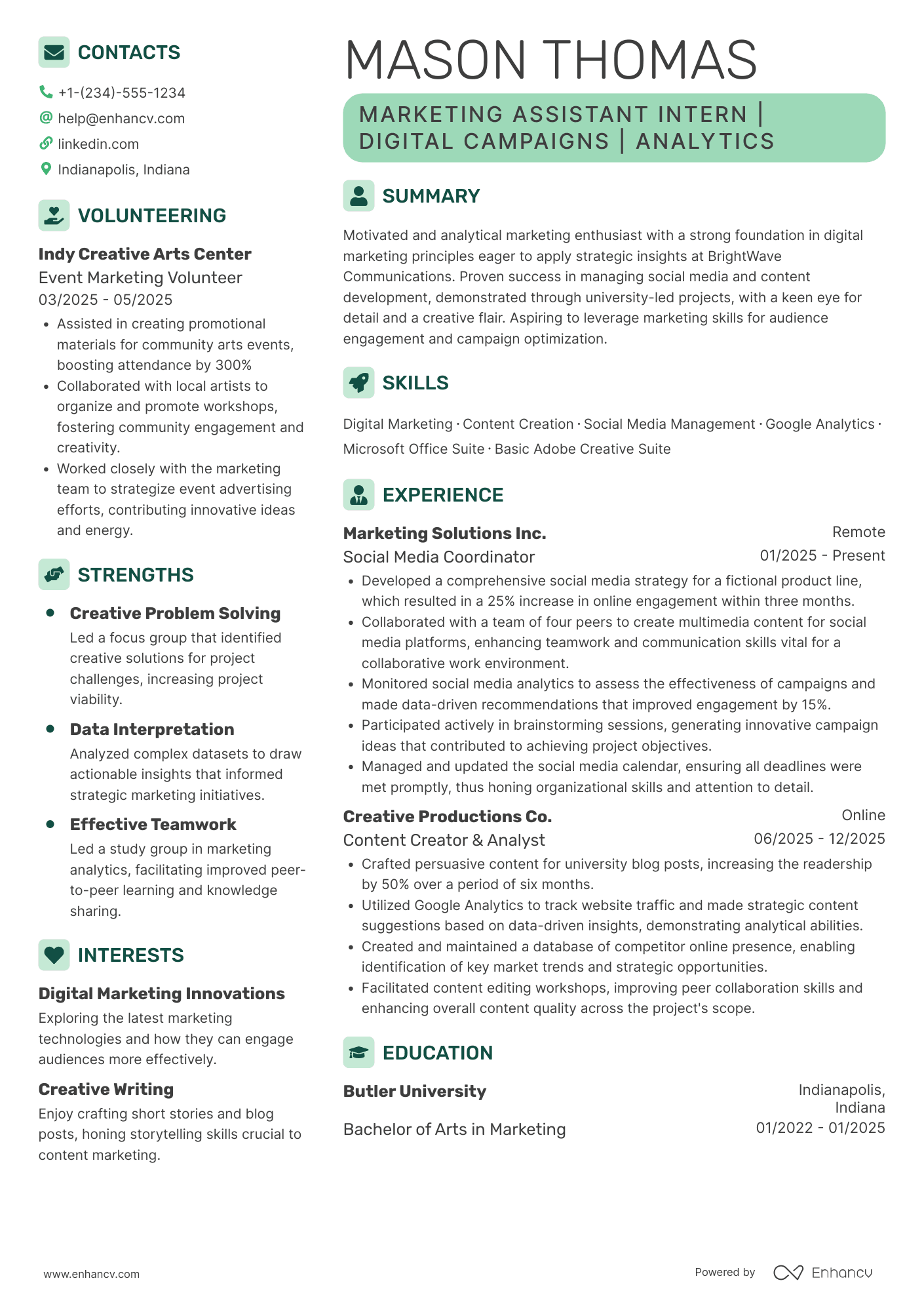 A resume example of a Marketing Assistant Intern
