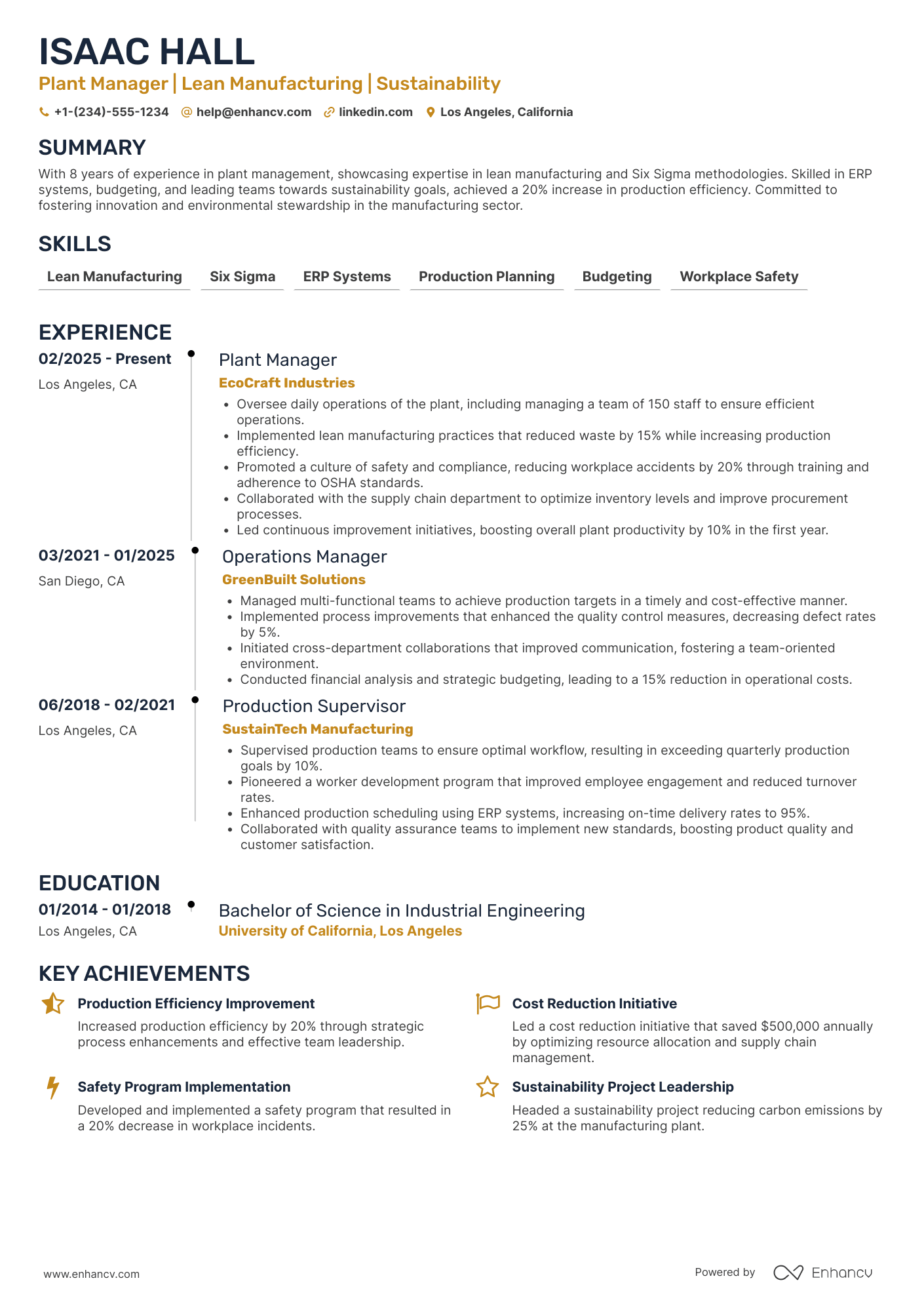 A resume example of a Plant Manager