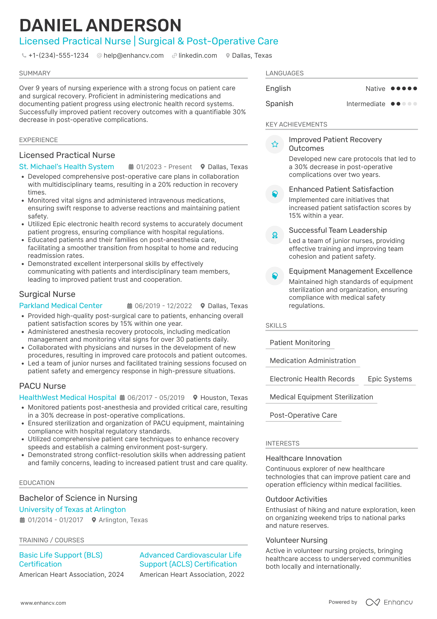 A resume example of a PACU Licensed Practical Nurse (LPN)