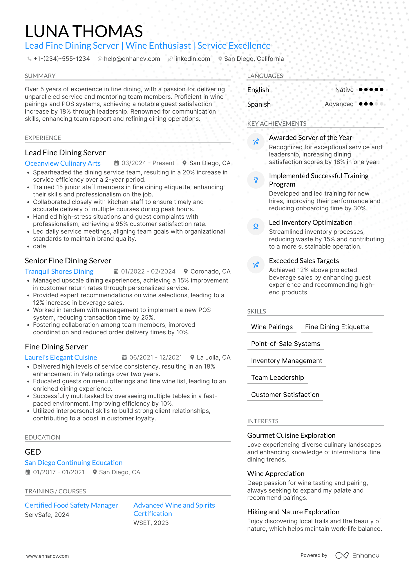 A resume example of a Lead Fine Dining Server
