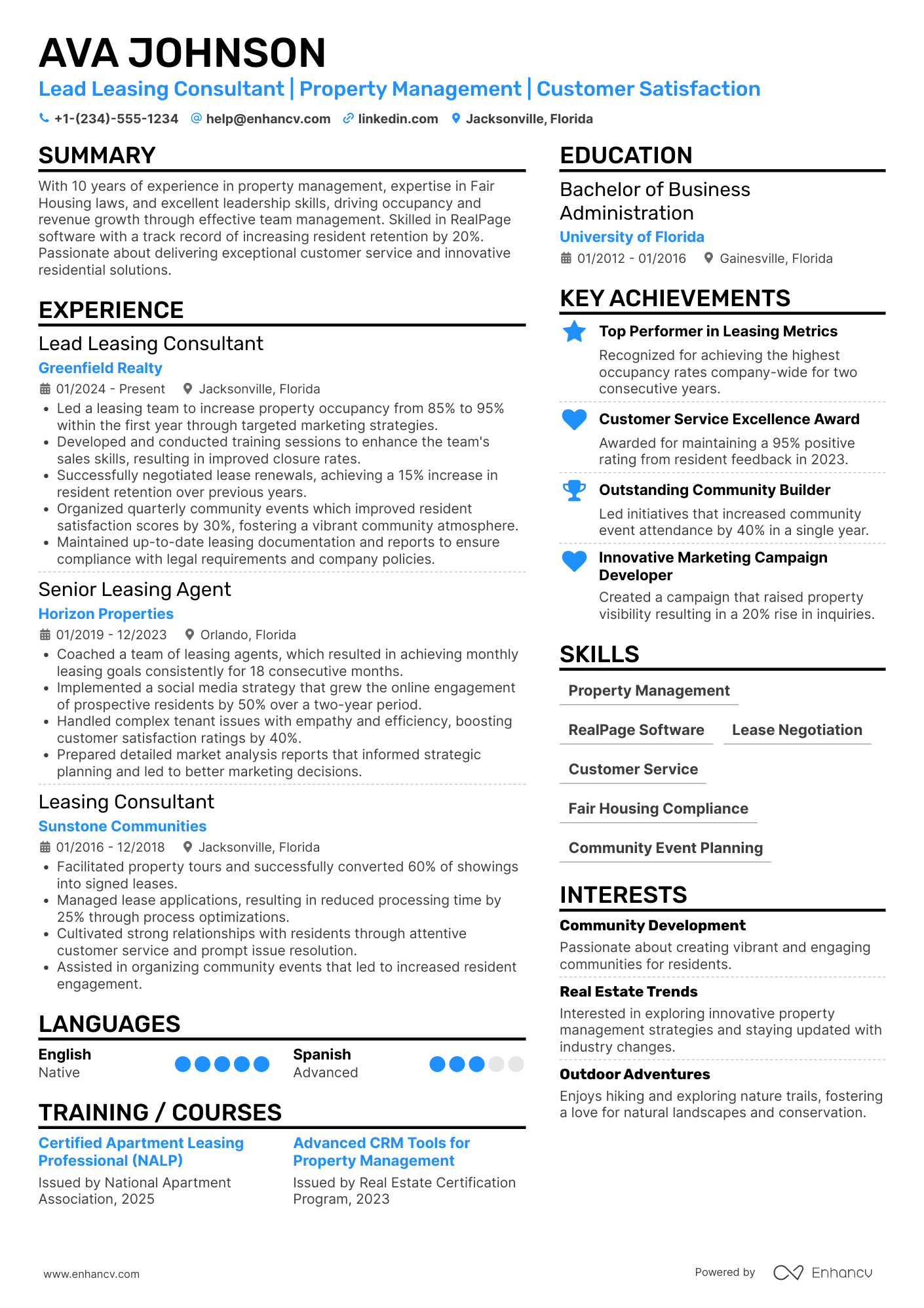 A resume example of a Lead Leasing Consultant