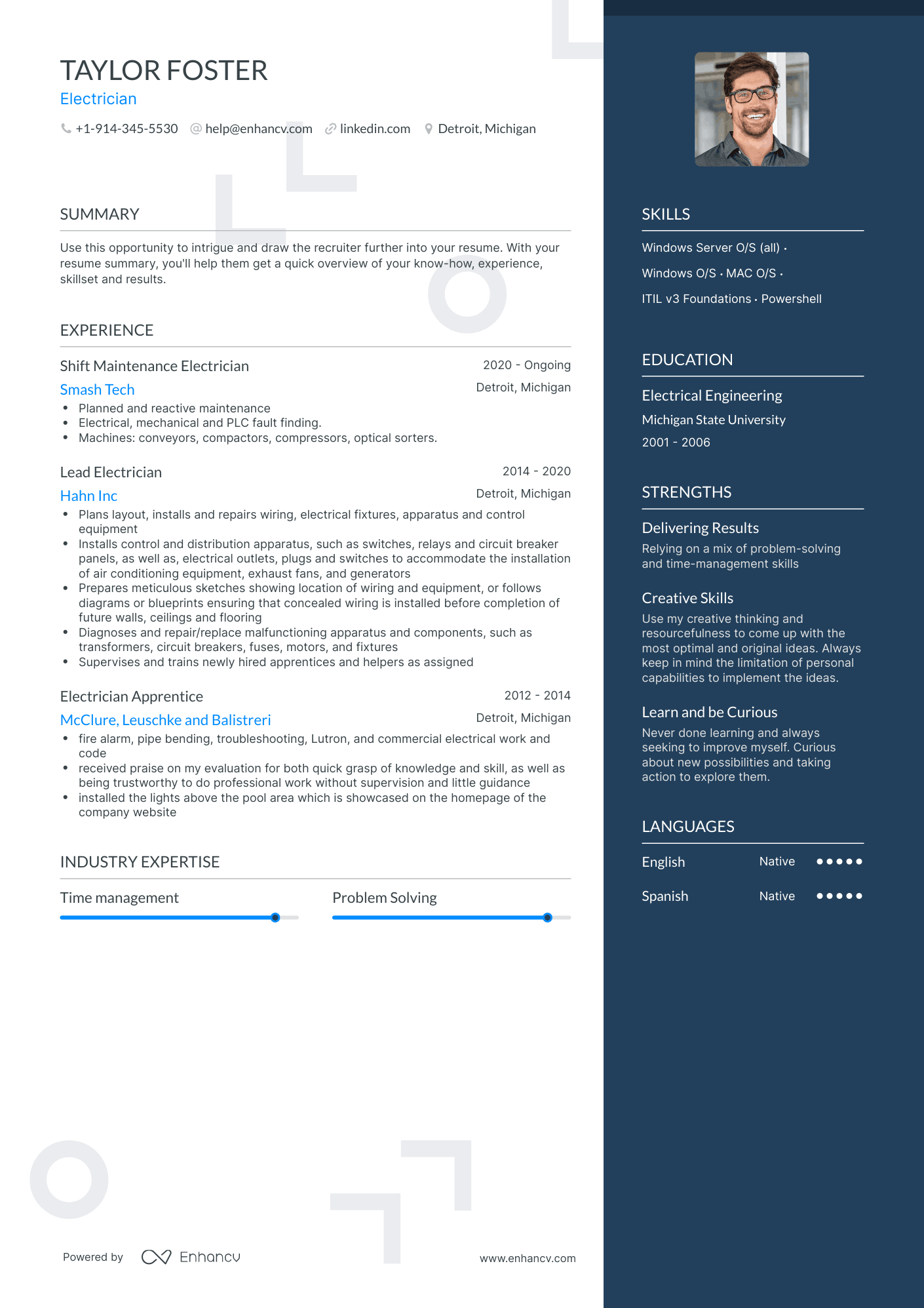 One Page Electrician Resume Template
