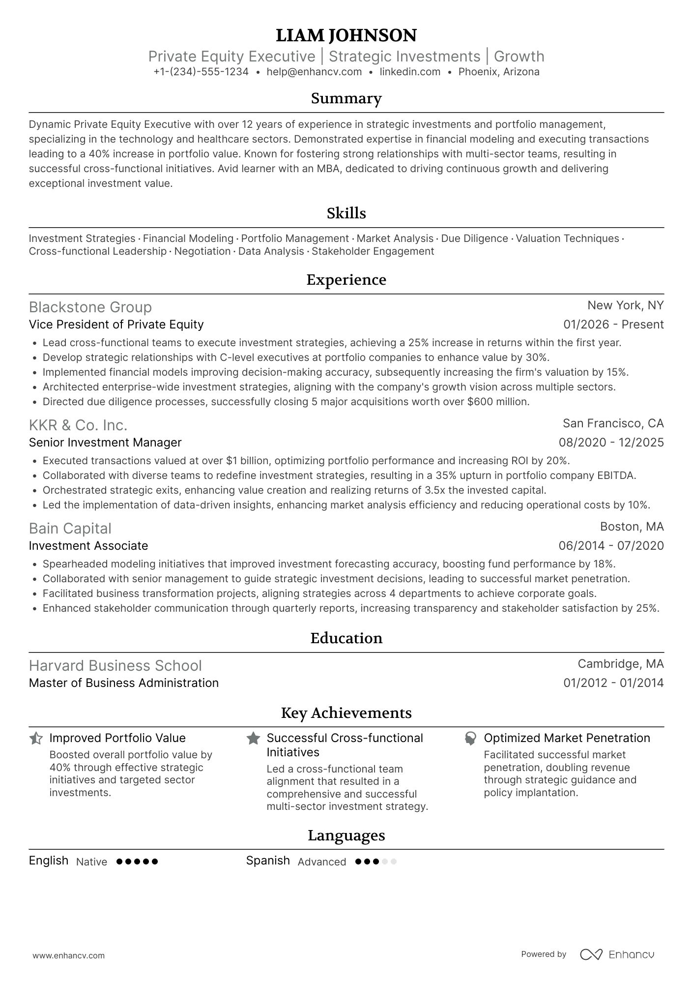 A resume example of a Private Equity Vice President