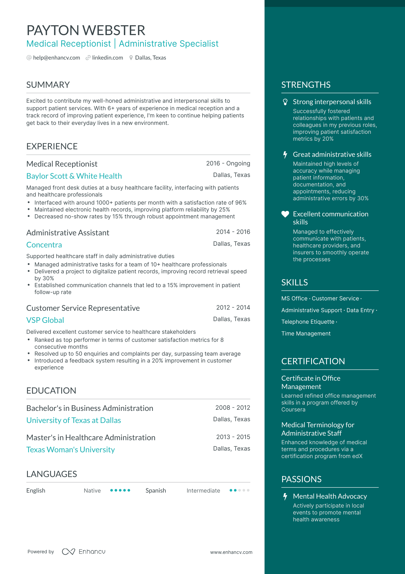 sample resume for front desk medical receptionist