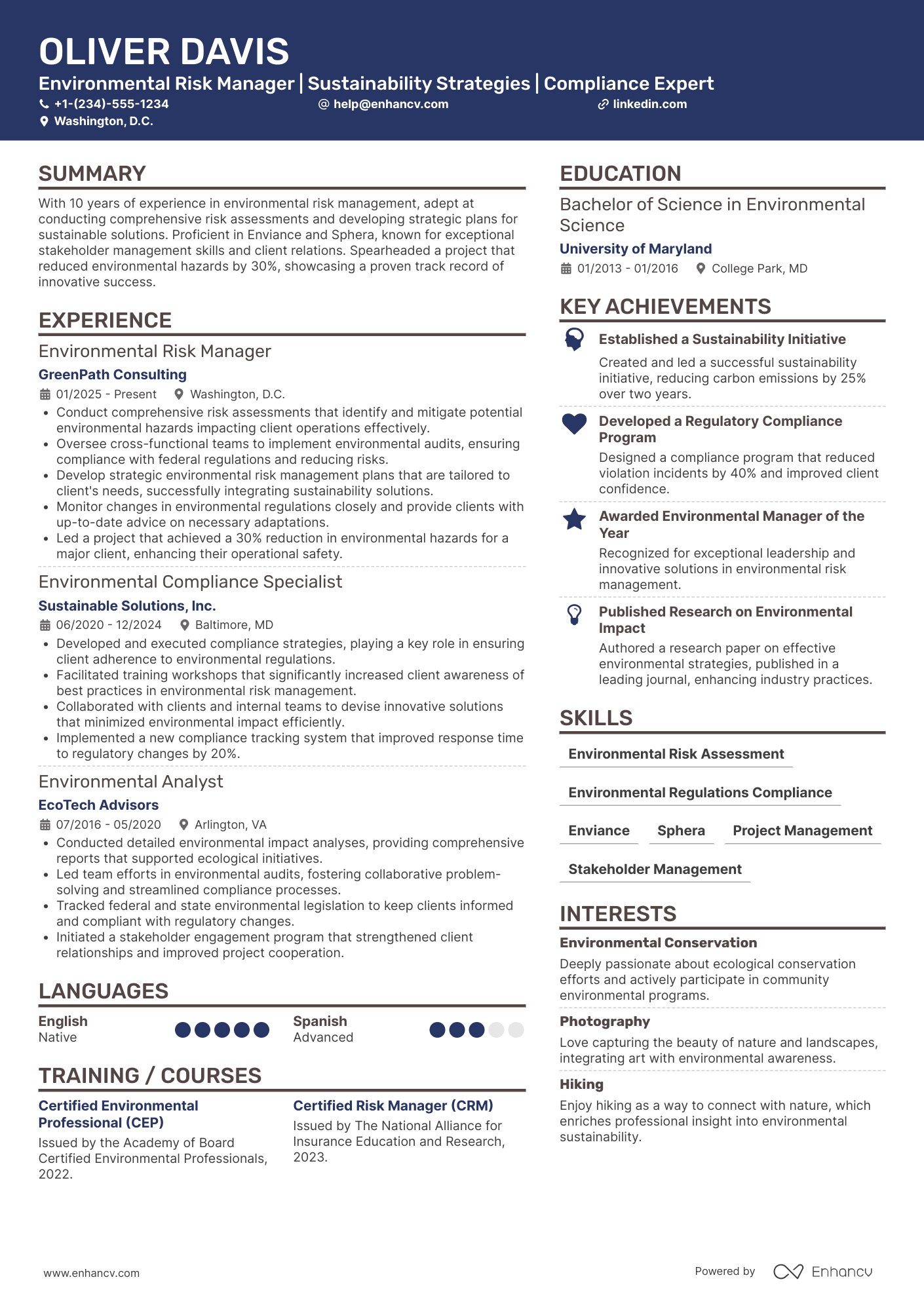 A resume example of a Environmental Risk Manager