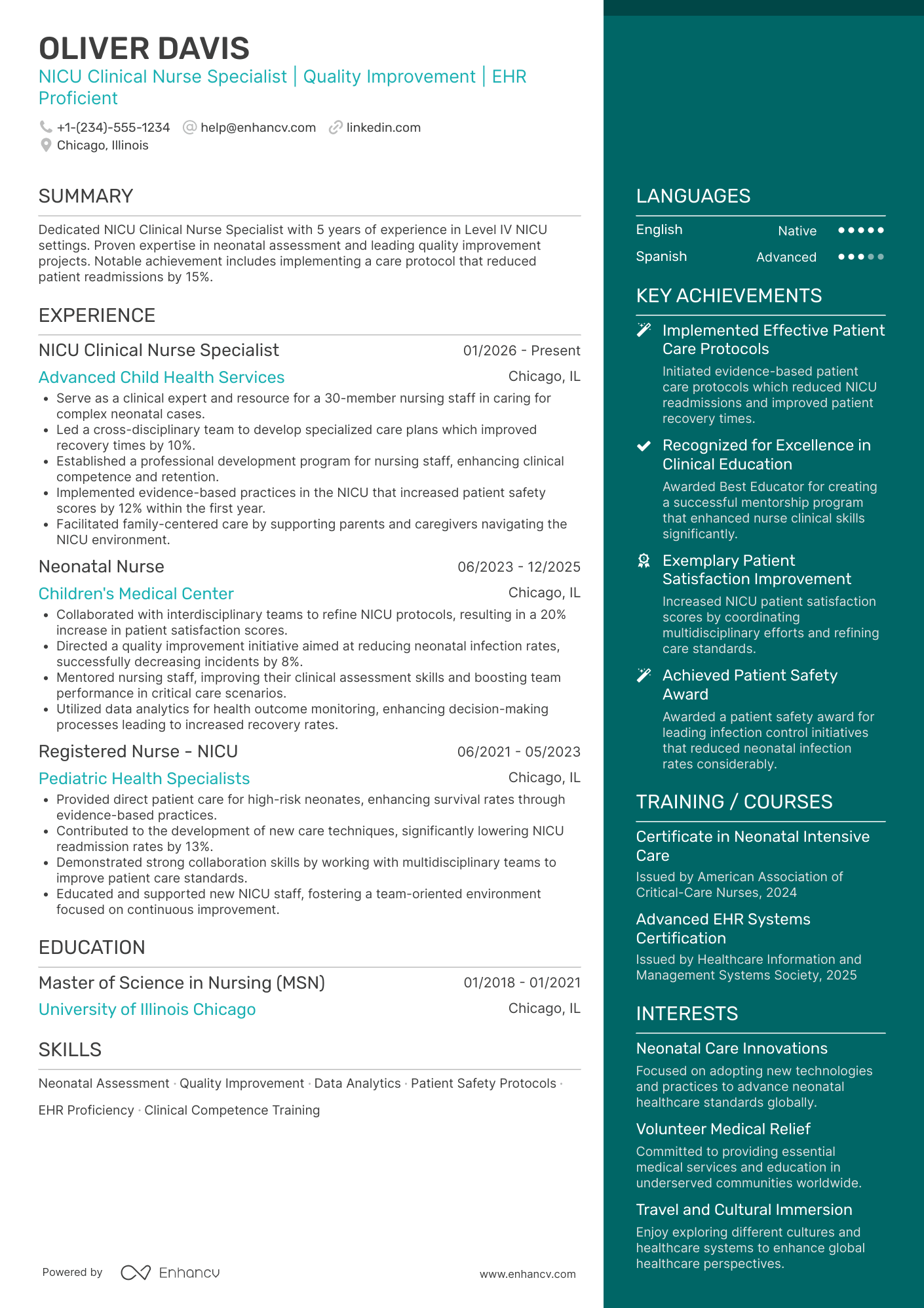 A resume example of a NICU Clinical Nurse Specialist (CNS)