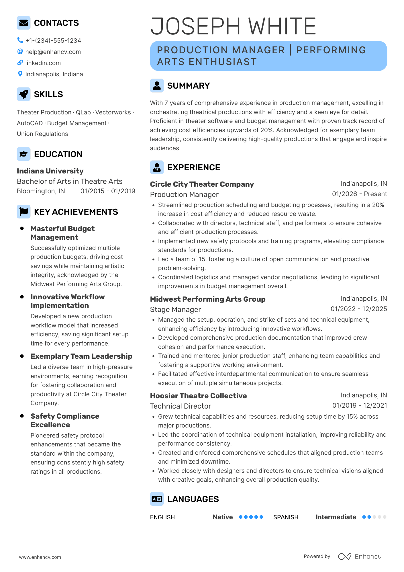 A resume example of a Performing Arts
