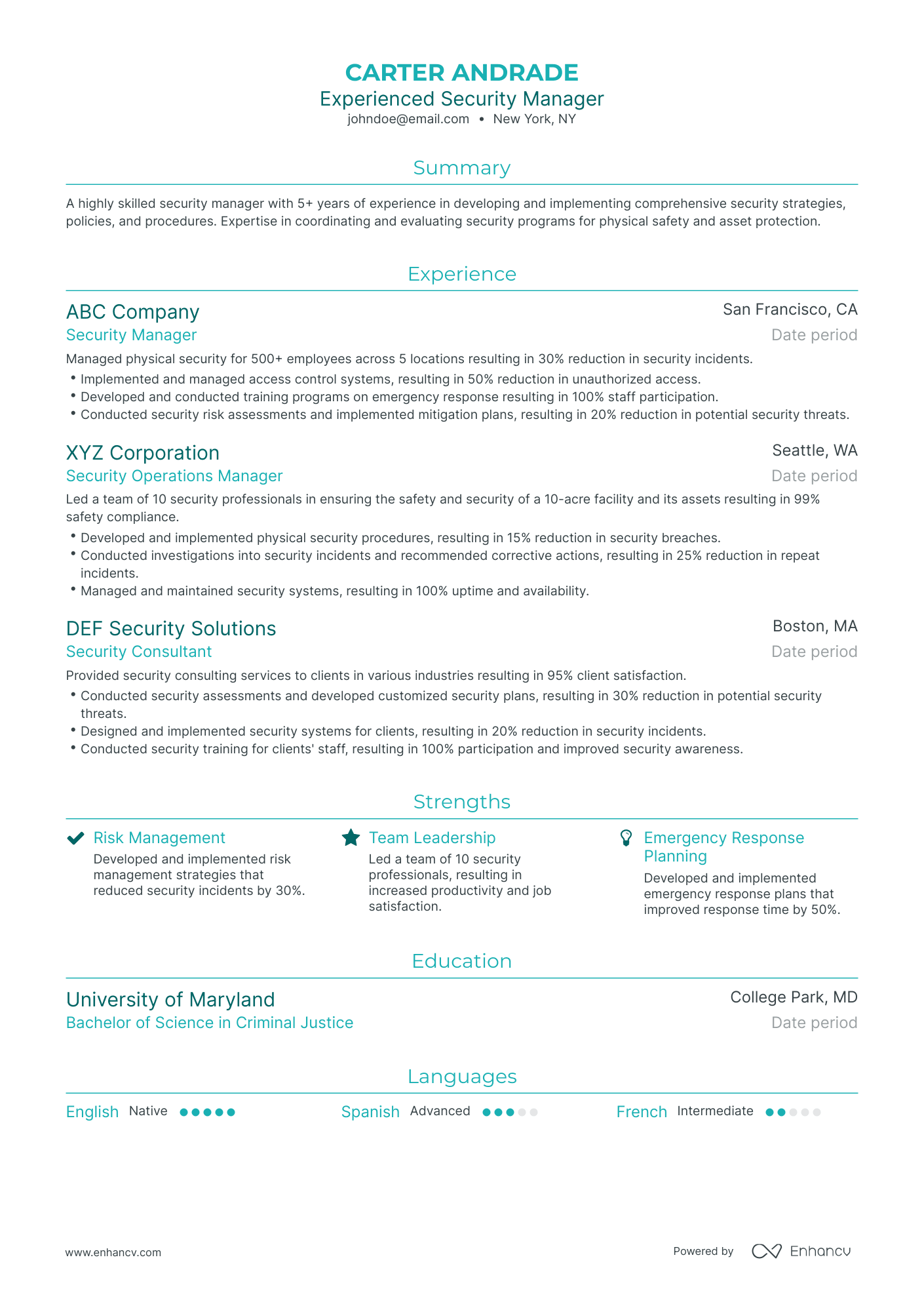 Traditional Security Manager Resume Template
