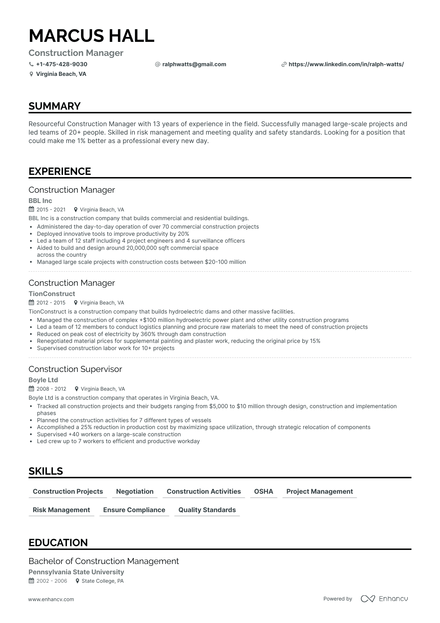 Classic Construction Manager Resume Template