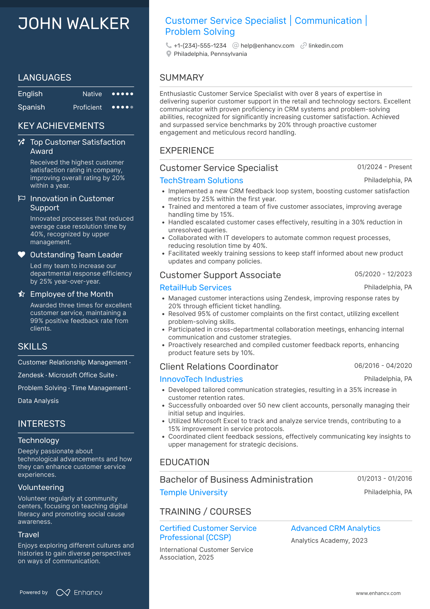 A resume example of a Customer Service Representative