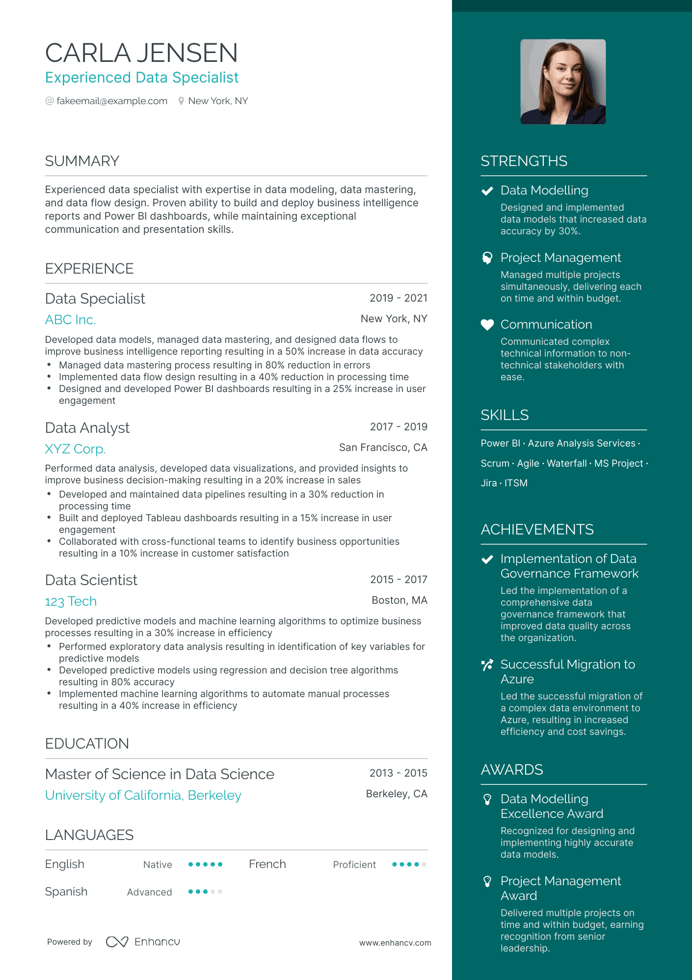 One Page Data Specialist Resume Template