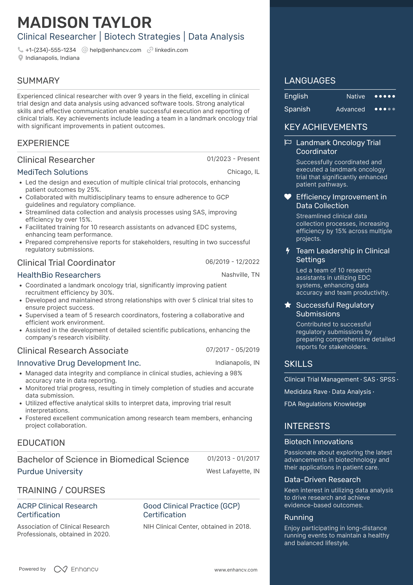 A resume example of a Clinical Researcher