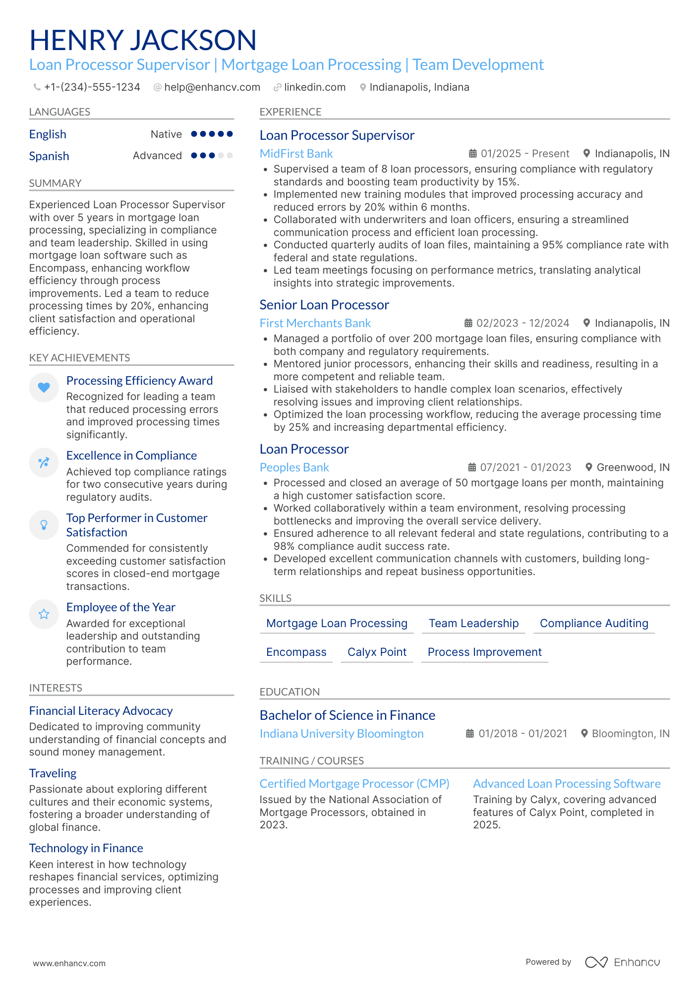 A resume example of a Loan Processor Supervisor