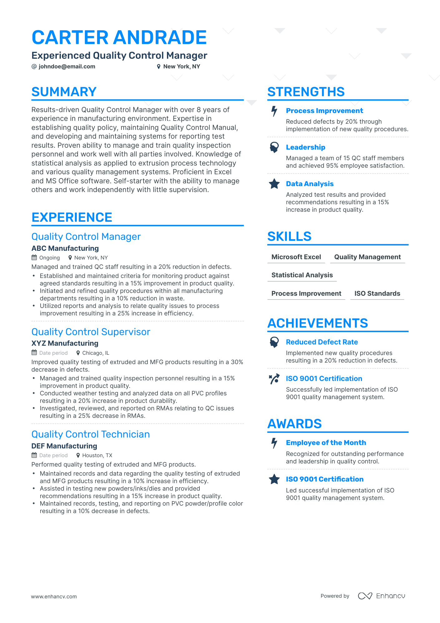 Simple Quality Control Manager Resume Template